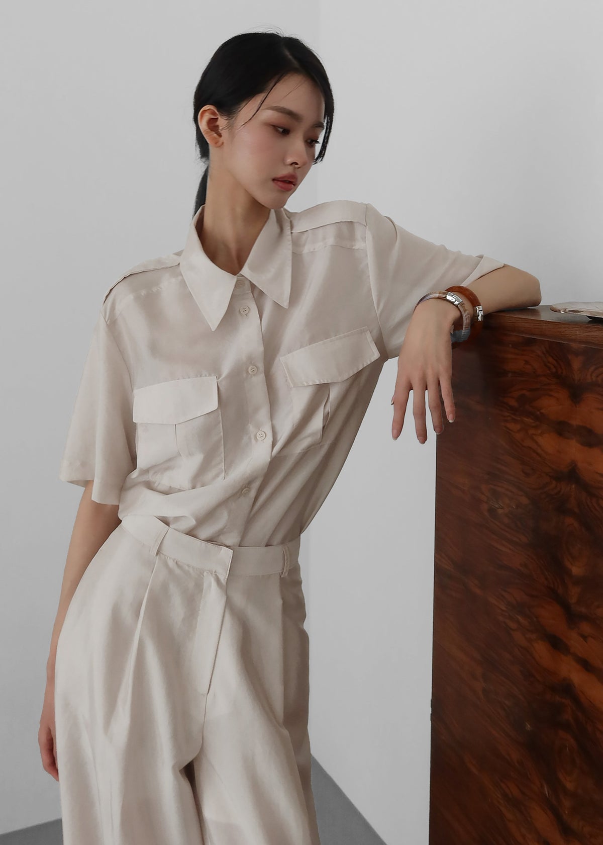 Aduna Satin Pleated Trousers - Light Beige β view 6 of 8