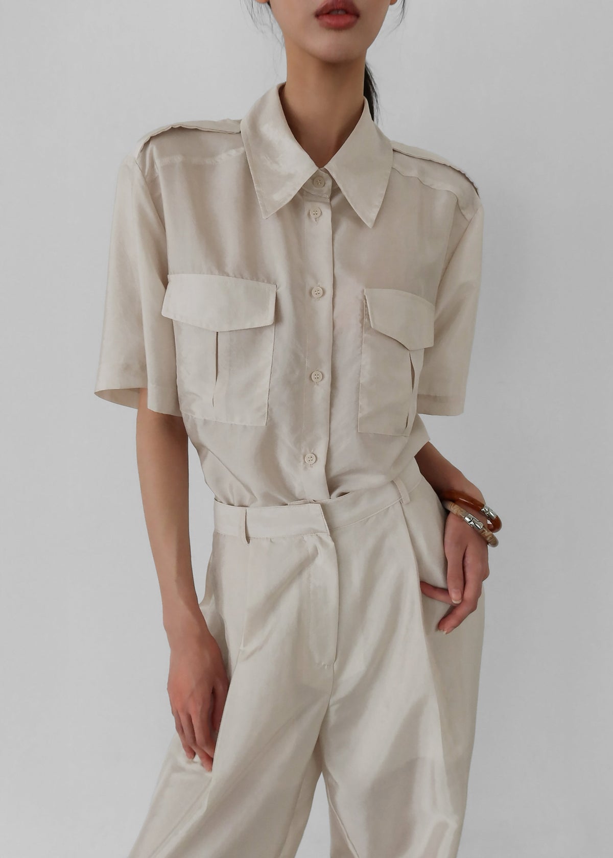 Aduna Satin Utility Shirt - Light Beige β view 2 of 9