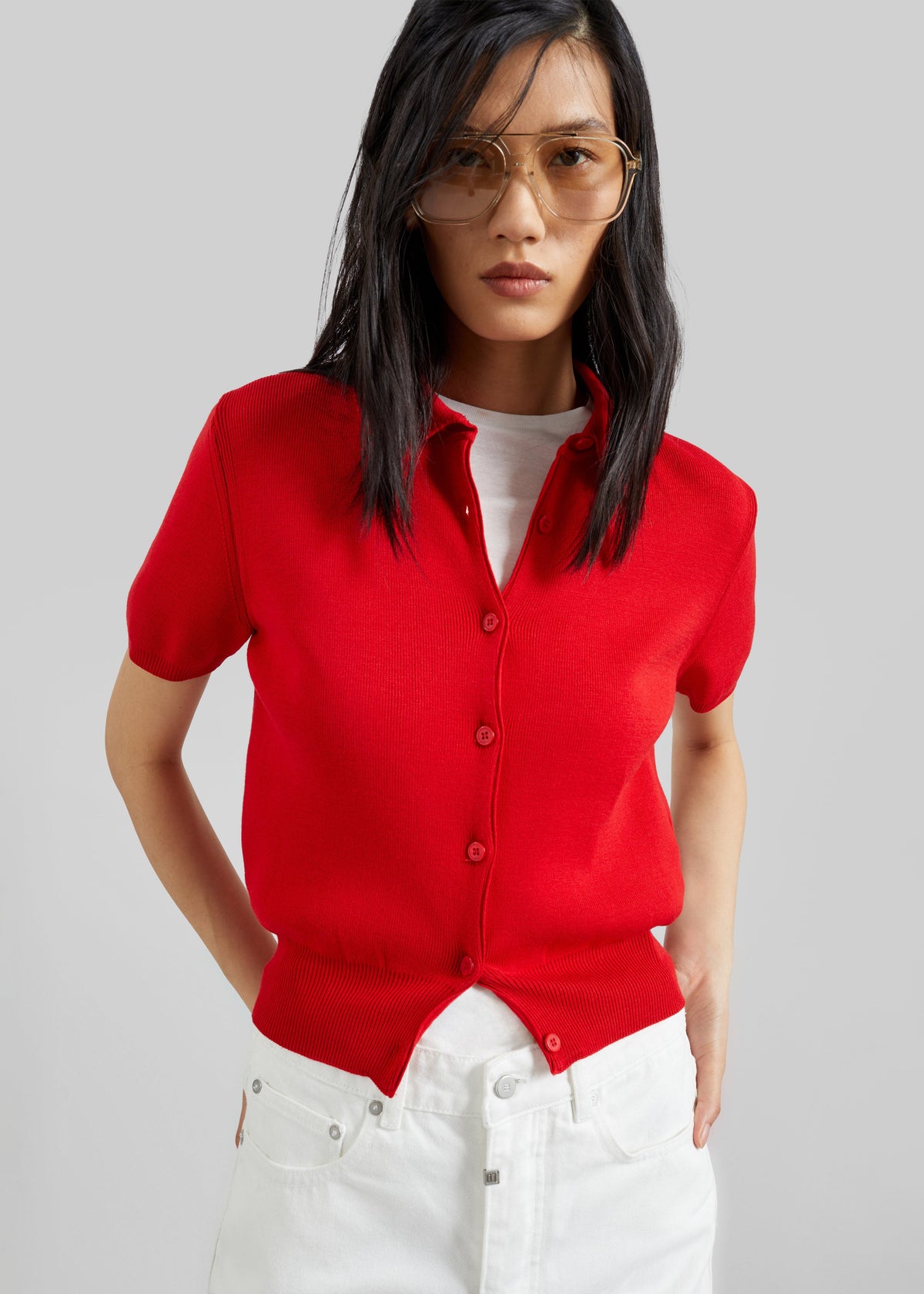 Amelot Knit Short Sleeve Cardigan - Red β view 1 of 6