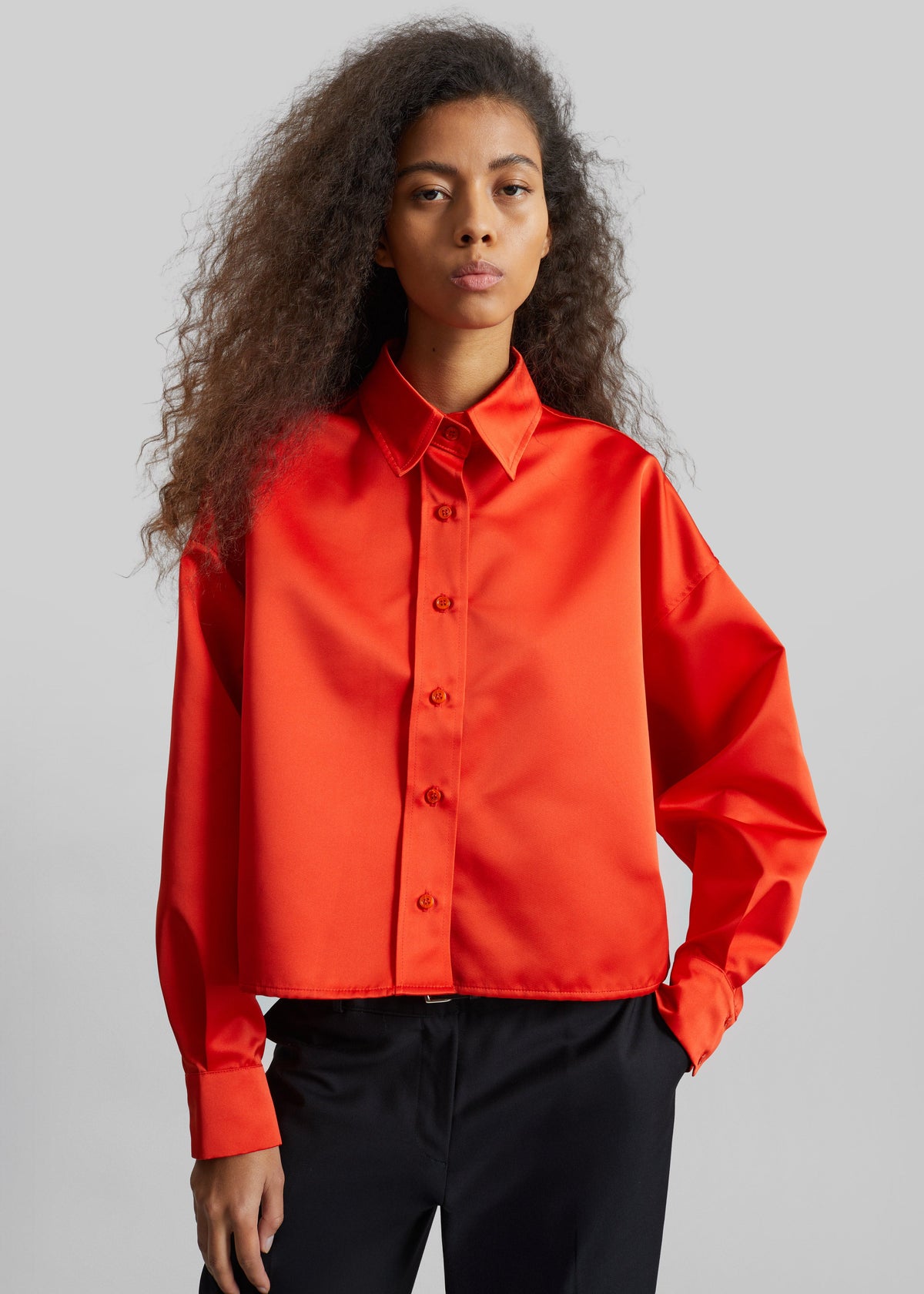 Arlen Satin Boxy Shirt - Coral Red β view 3 of 6