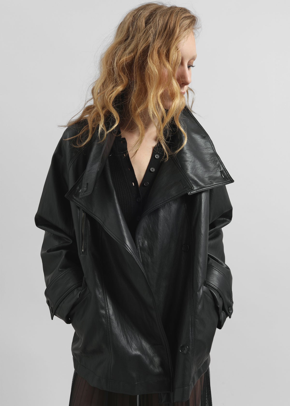 Amunta Faux Leather Trench Jacket - Black β view 5 of 9