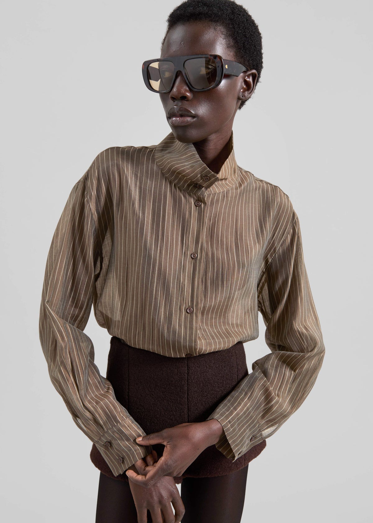 Avila Sheer Fluid Shirt - Brown/White Stripe β view 1 of 9