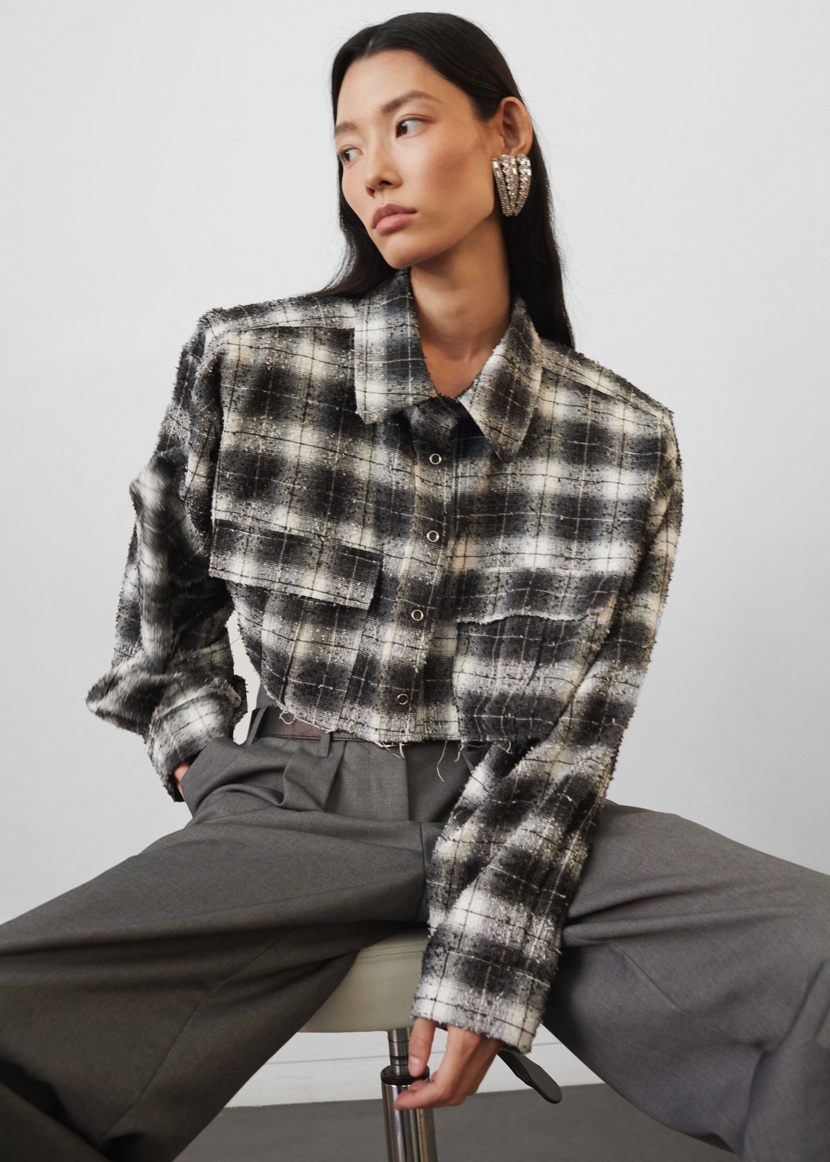 Biasca Distressed Cropped Shirt - Black Plaid β view 2 of 10