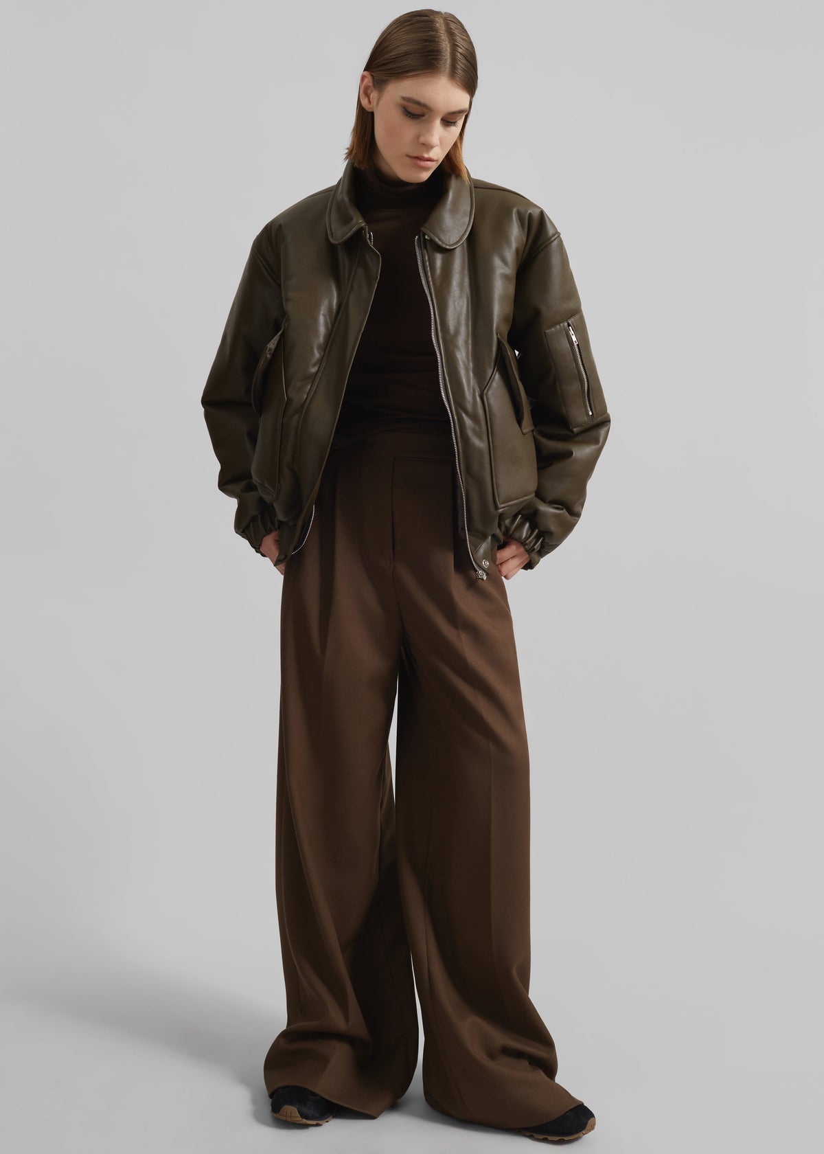 Blane Faux Leather Padded Bomber Jacket - Khaki Brown β view 3 of 10