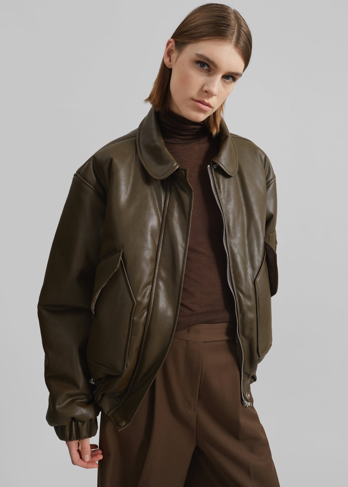 Blane Faux Leather Padded Bomber Jacket - Khaki Brown β view 4 of 10