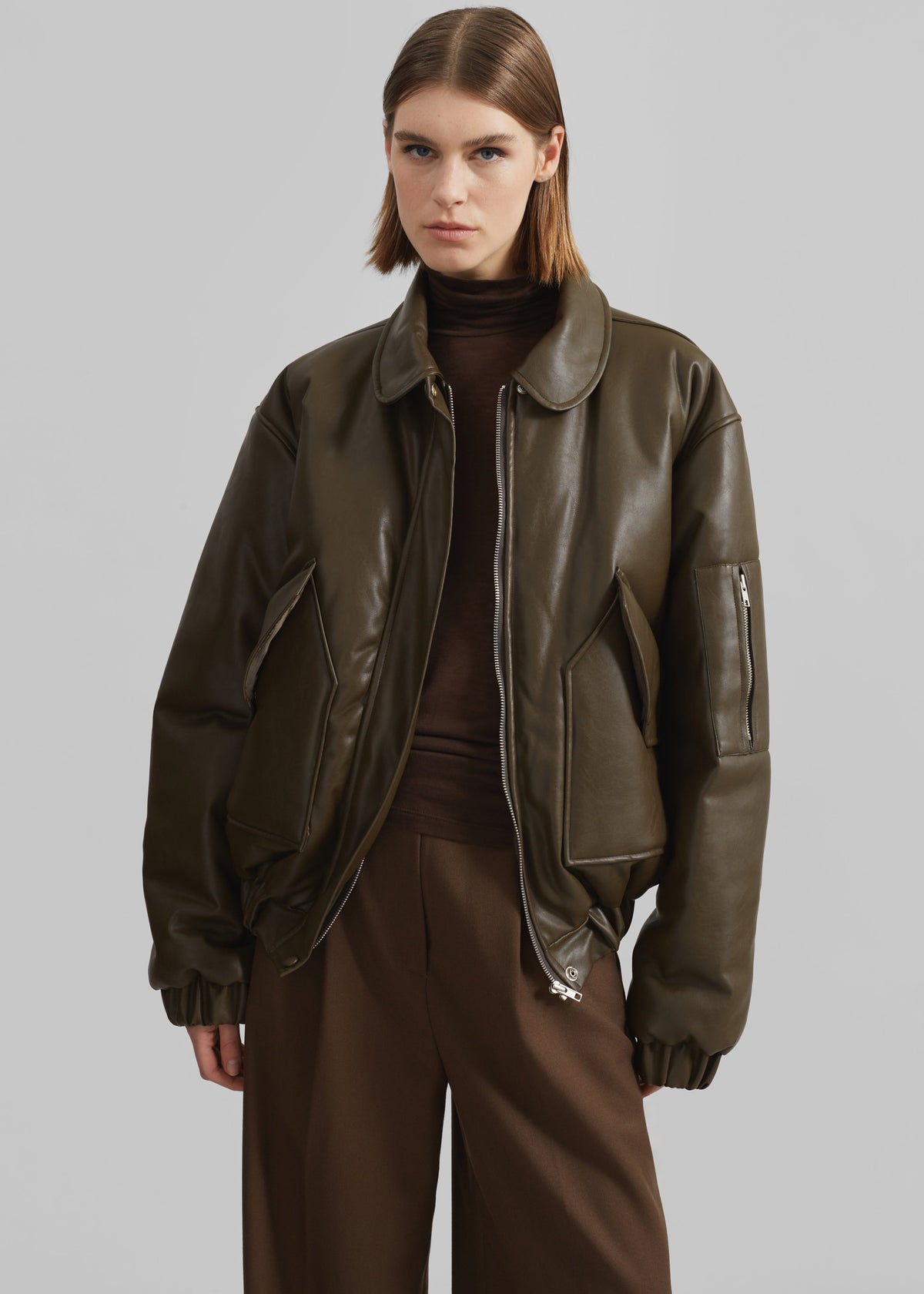 Blane Faux Leather Padded Bomber Jacket - Khaki Brown β view 1 of 10