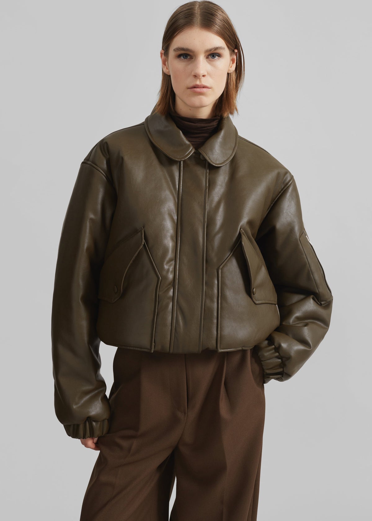 Blane Faux Leather Padded Bomber Jacket - Khaki Brown β view 8 of 10