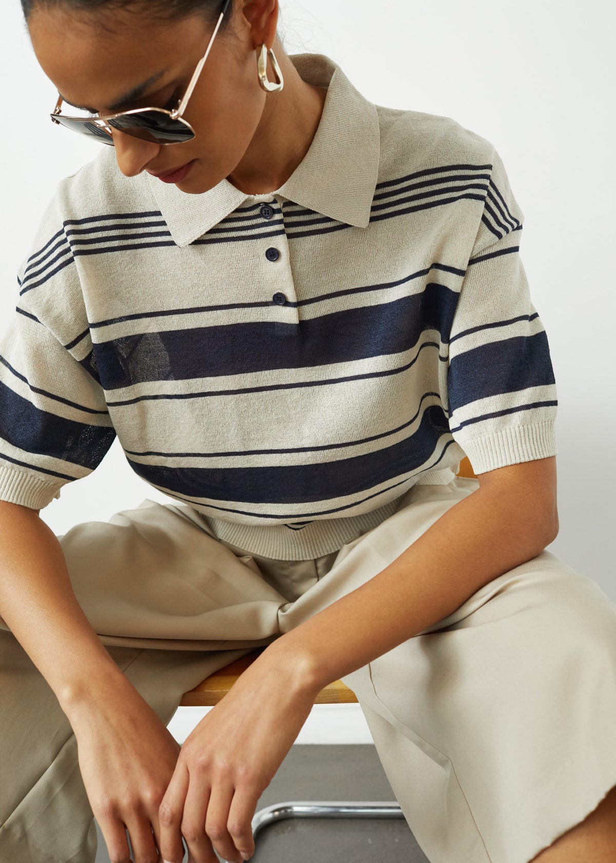 Bolea Knit Polo Top - Beige/Navy Stripe β view 6 of 10