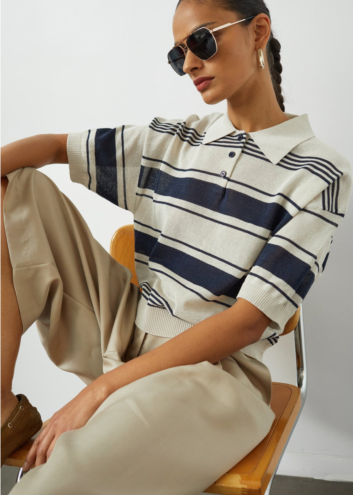 Bolea Knit Polo Top - Beige/Navy Stripe β view 1 of 10