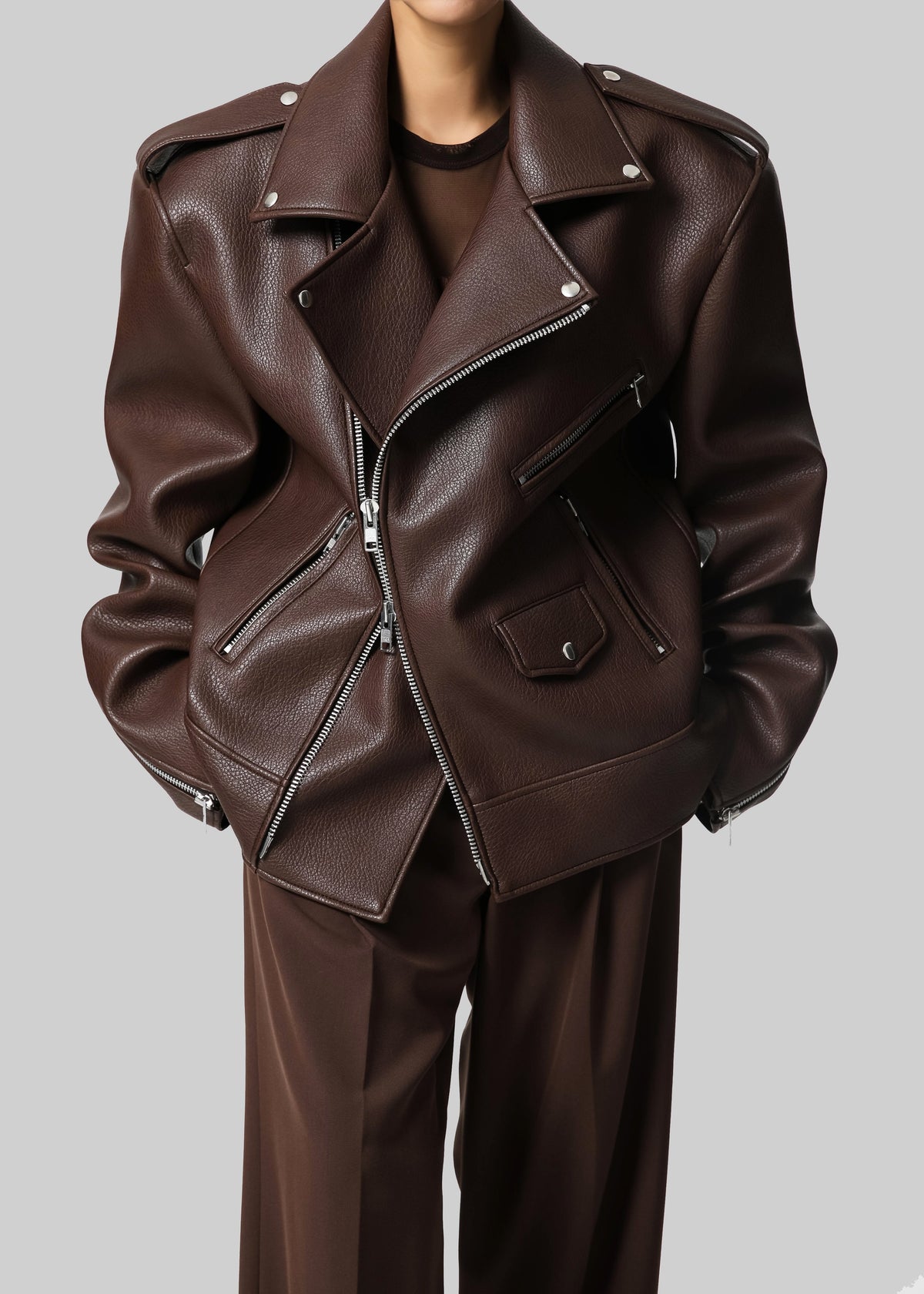 Chicago Oversized Biker Jacket - Brown β view 6 of 12