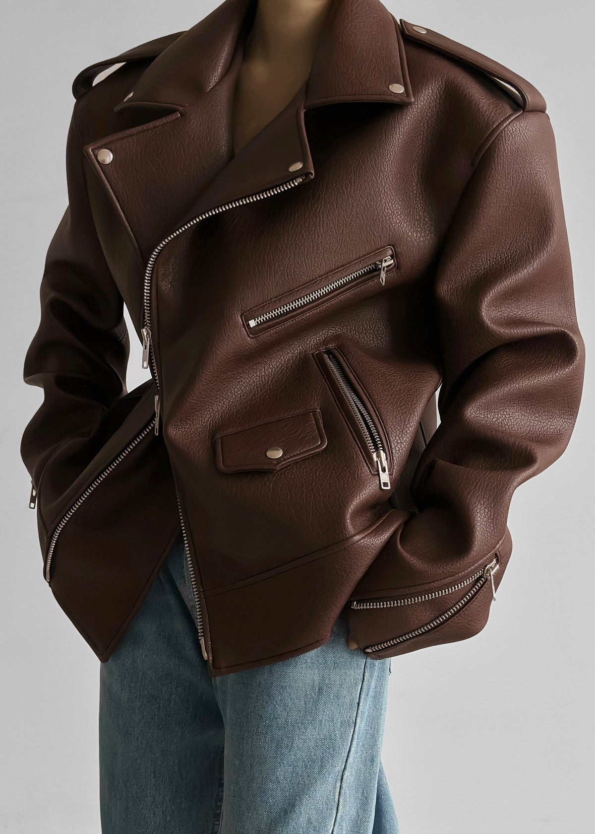Chicago Oversized Biker Jacket - Brown β view 2 of 12