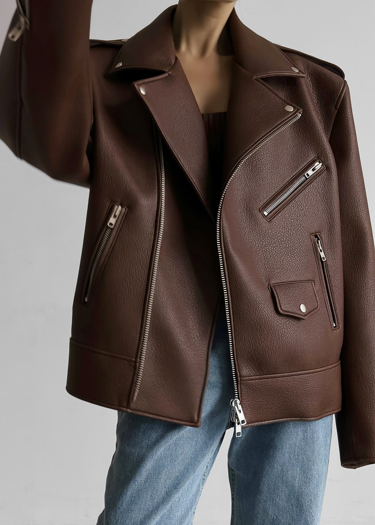 Chicago Oversized Biker Jacket - Brown β view 3 of 12