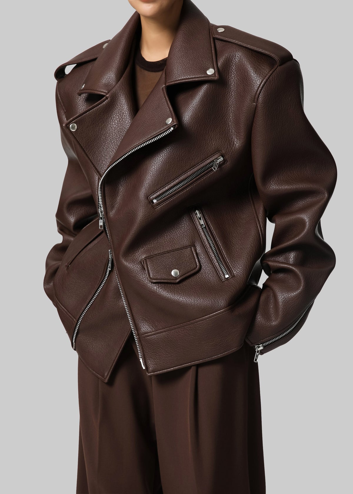 Chicago Oversized Biker Jacket - Brown β view 9 of 12