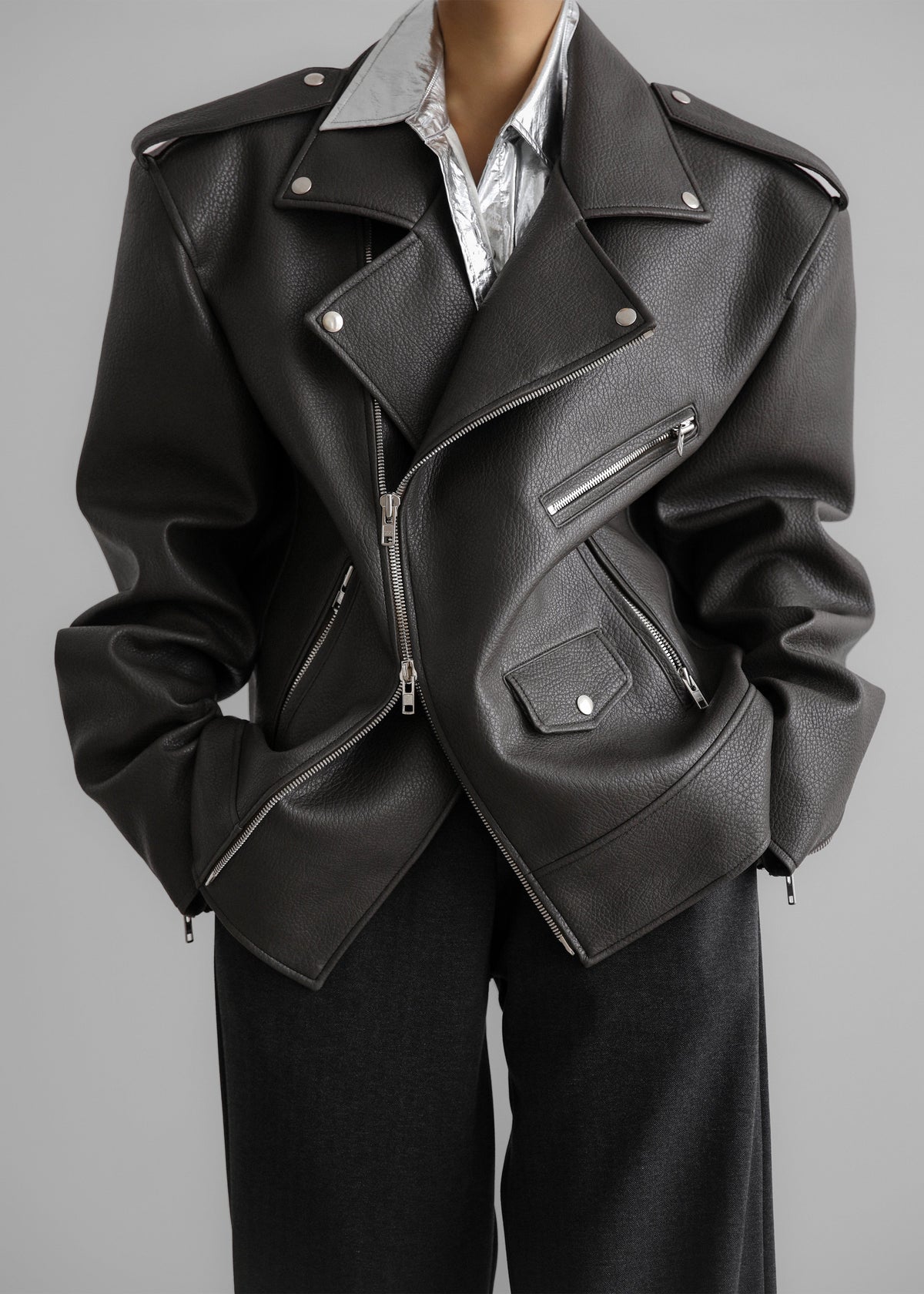 Chicago Oversized Biker Jacket - Charcoal β view 3 of 11