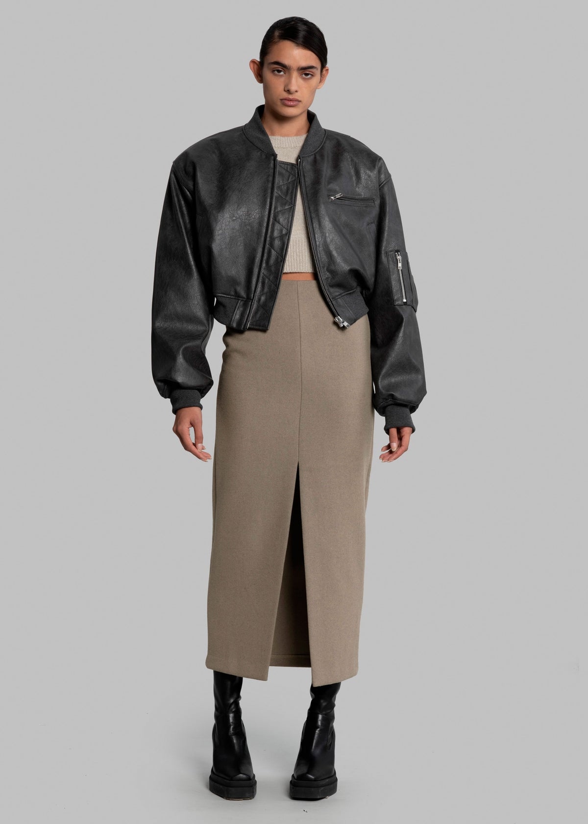 Gae Faux Leather Cropped Bomber - Charcoal β view 4 of 14