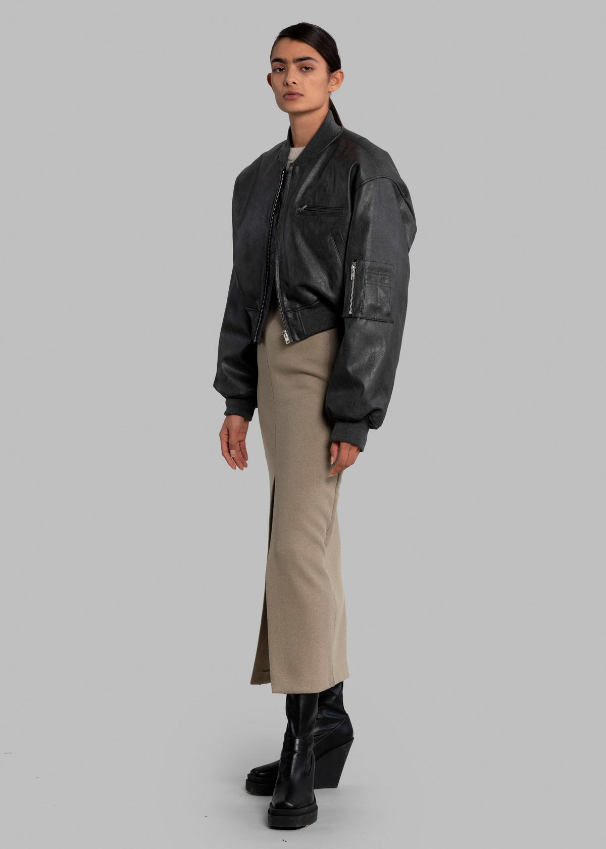 Gae Faux Leather Cropped Bomber - Charcoal β view 7 of 14