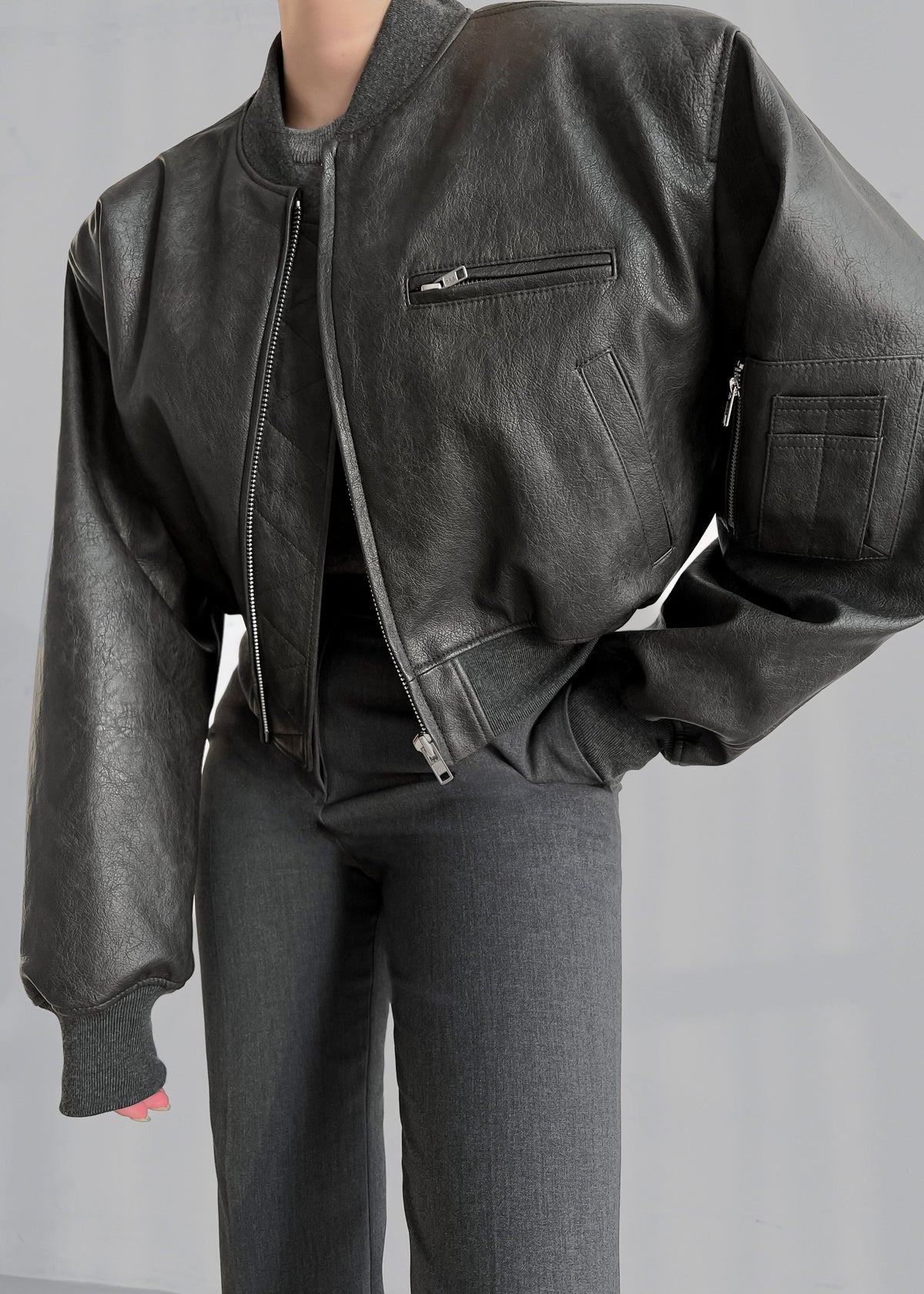 Gae Faux Leather Cropped Bomber - Charcoal β view 8 of 14