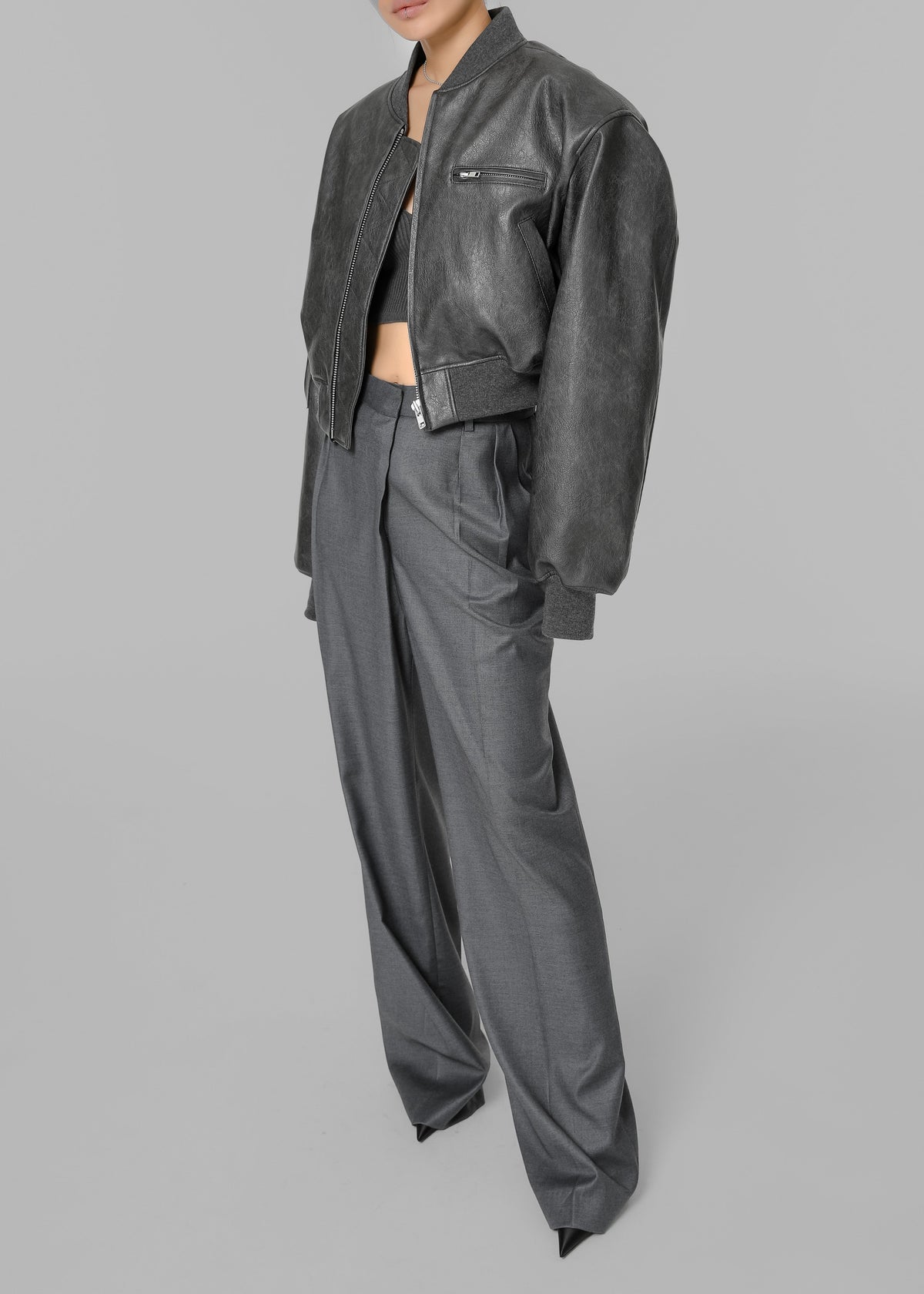 Gae Faux Leather Cropped Bomber - Charcoal β view 12 of 14