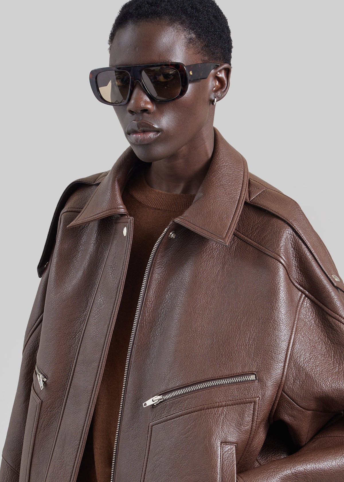 Hudson Faux Leather Bomber Jacket - Brown β view 4 of 7