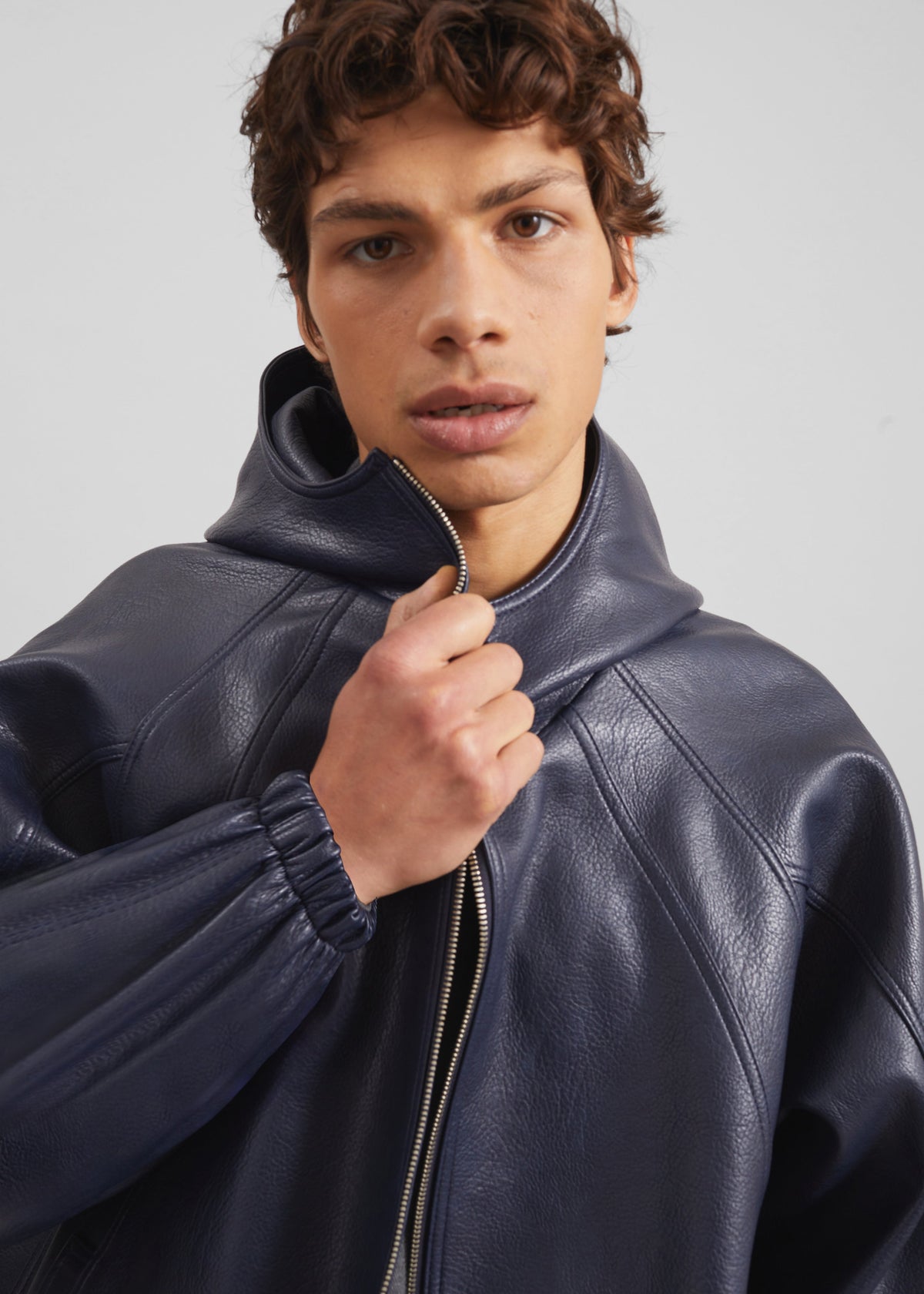 Iver Faux Leather Hooded Jacket - Navy β view 7 of 10