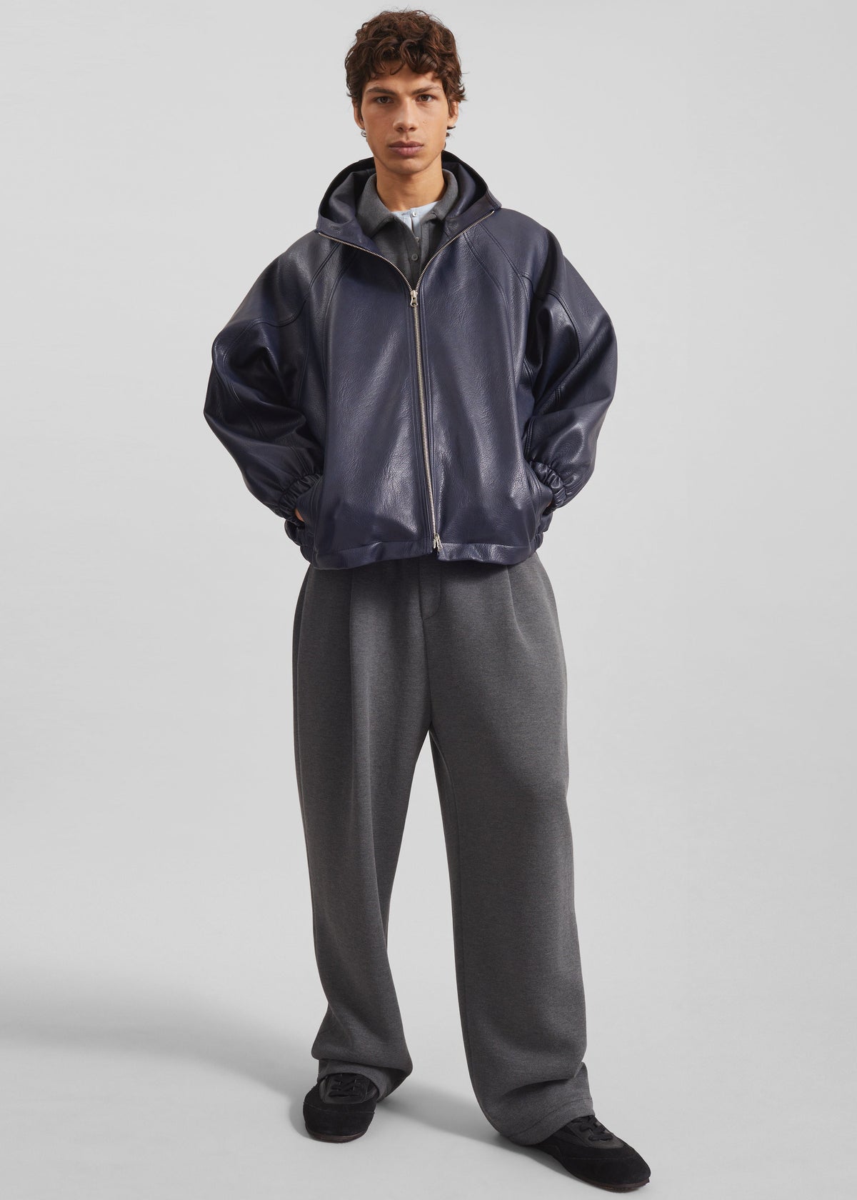 Iver Faux Leather Hooded Jacket - Navy β view 4 of 10