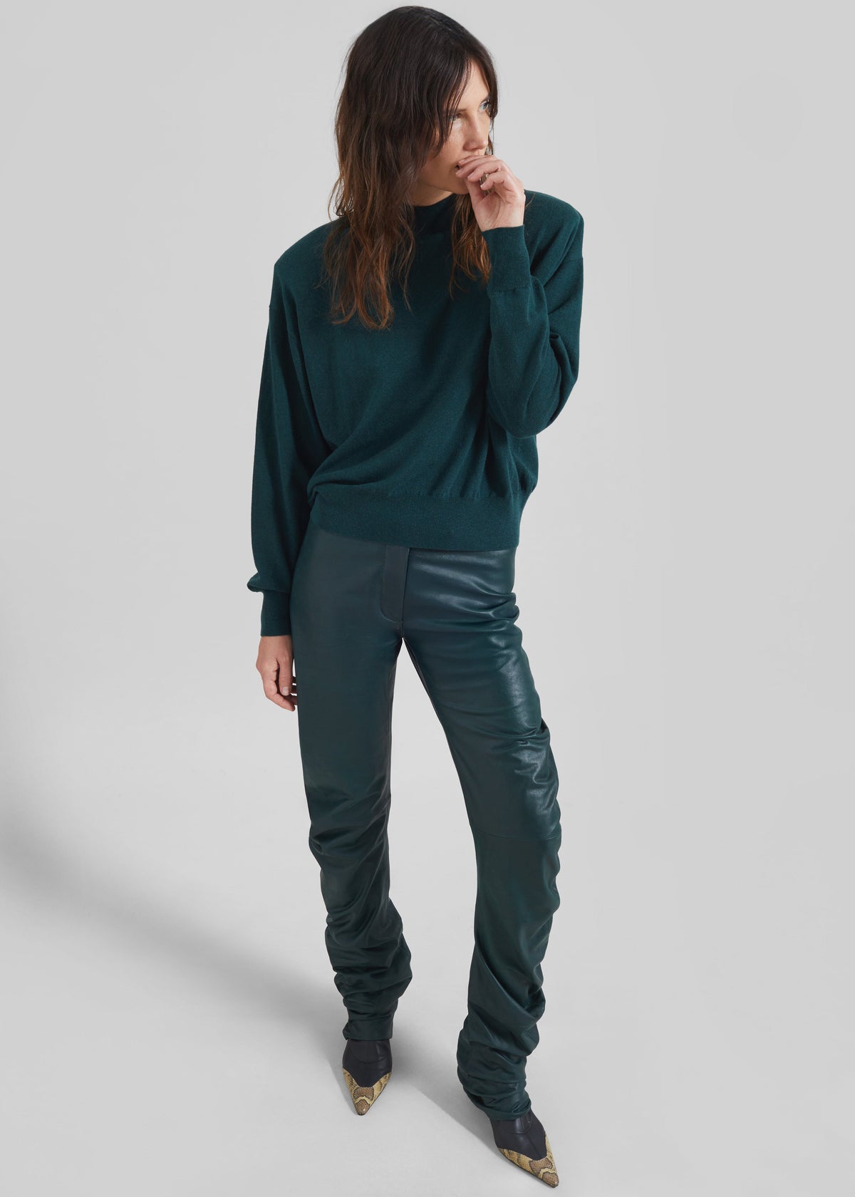 Jessa Leather Ruched Pants - Bottle Green β view 1 of 9