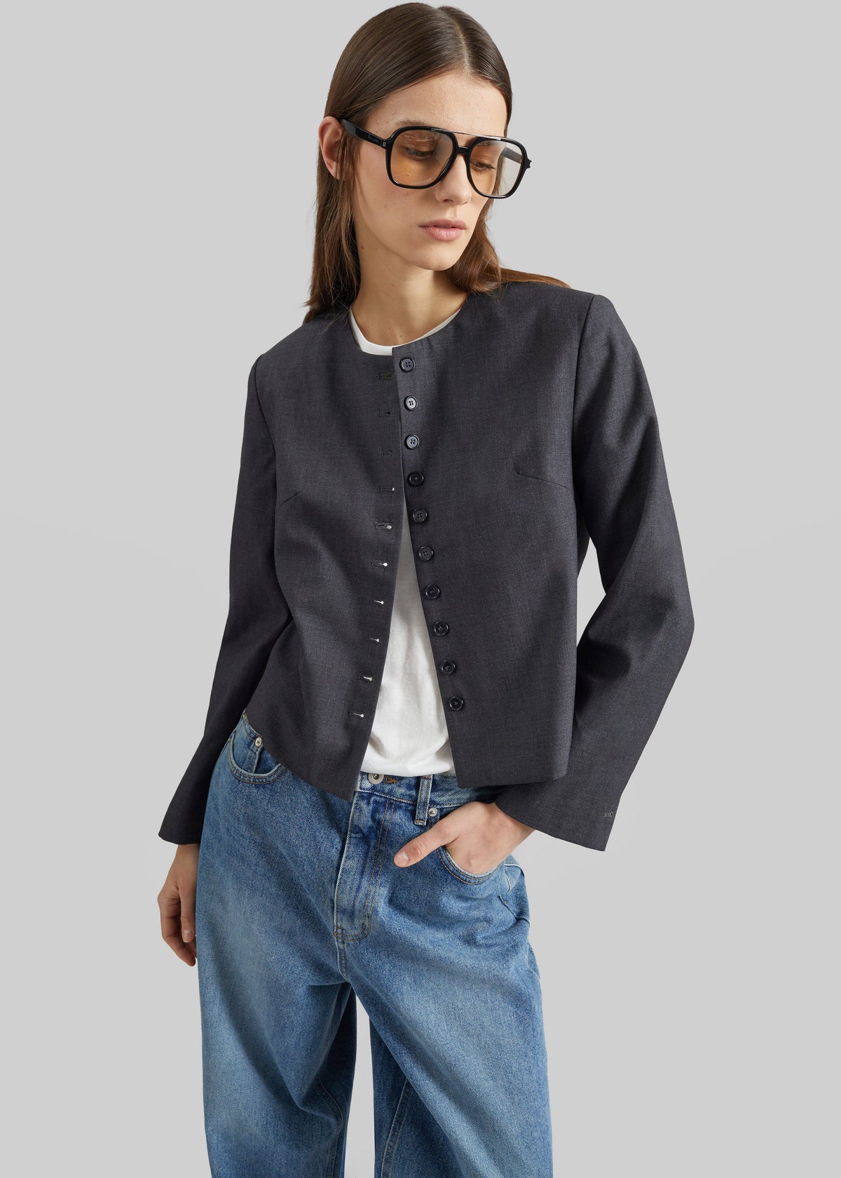 Katya Button-Up Boxy Top - Dark Grey Melange β view 3 of 13