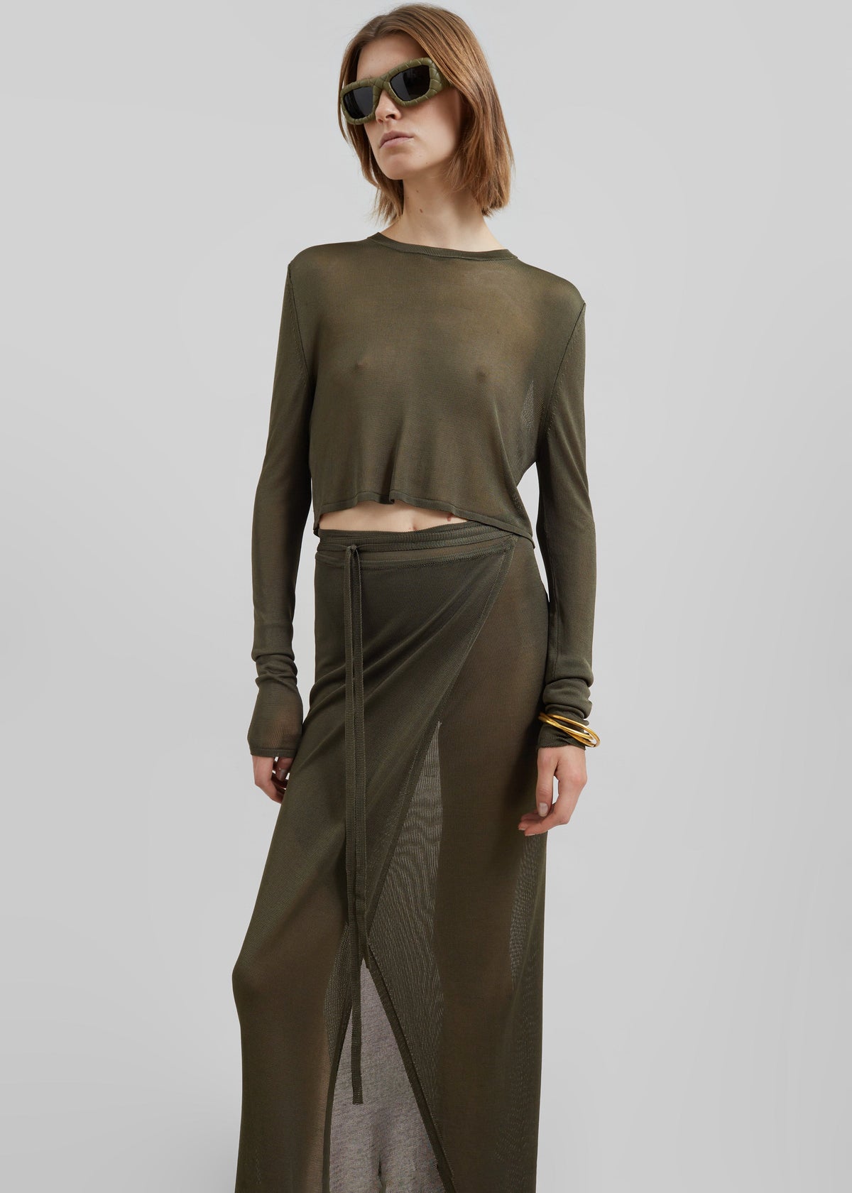 Kazel Cropped Thin Knit Top - Khaki β view 1 of 7