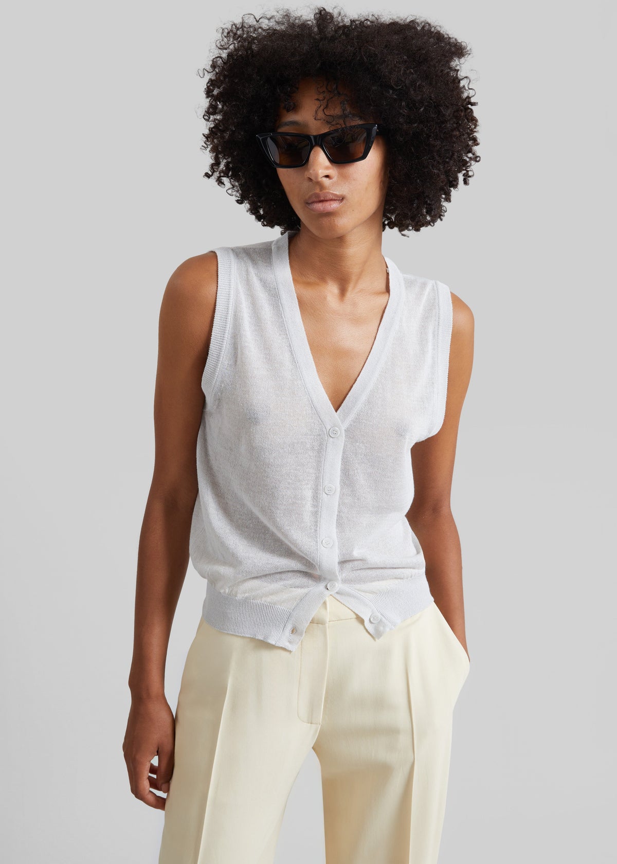 Lesina Sheer Knit Sleeveless Cardigan - Light Grey β view 1 of 8