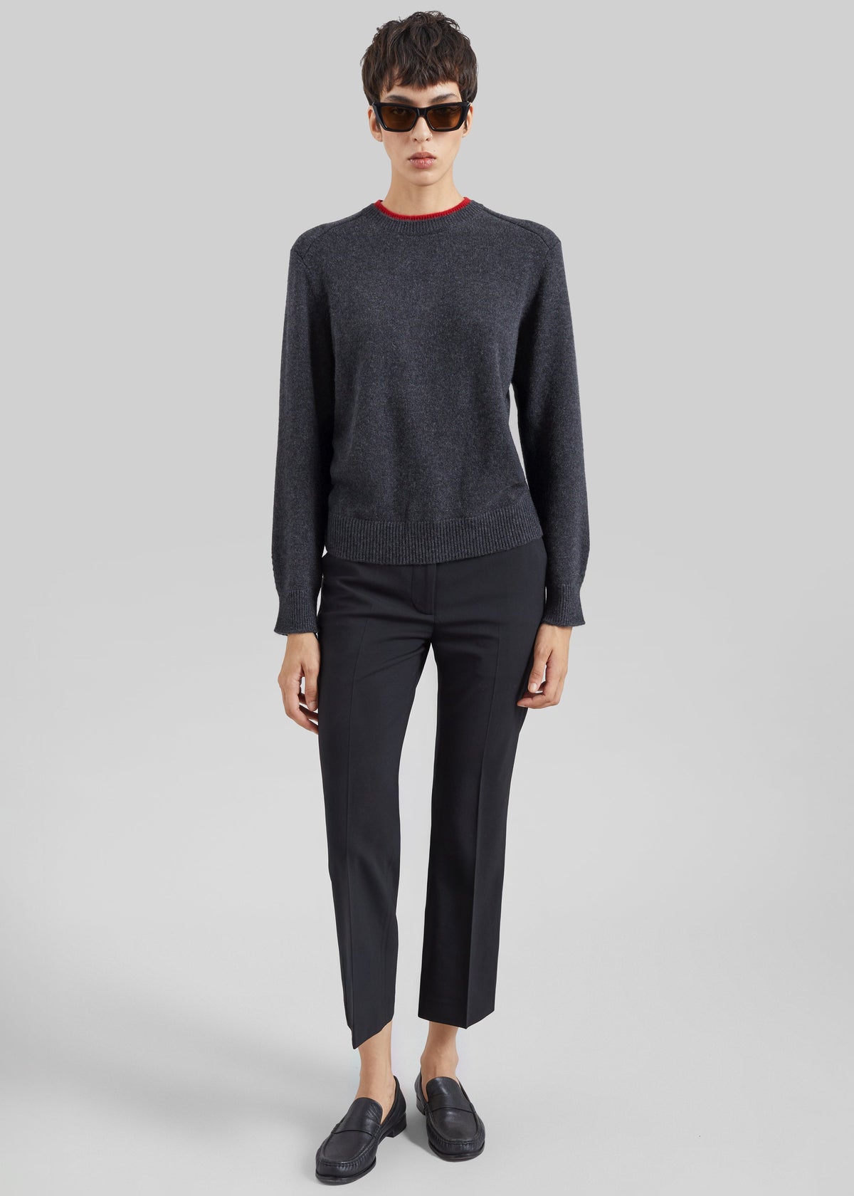 Loulou de Saison Otis Contrast Collar Sweater - Charcoal/Red β view 5 of 7