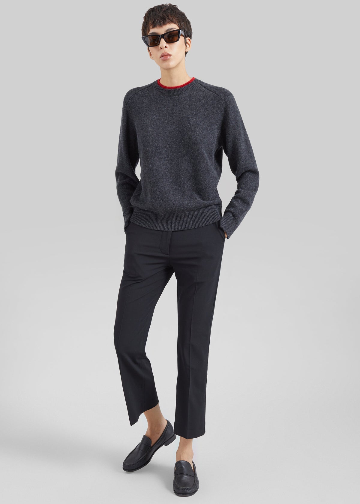 Loulou de Saison Otis Contrast Collar Sweater - Charcoal/Red β view 3 of 7