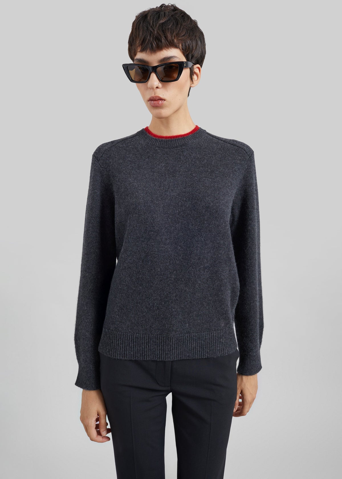 Loulou de Saison Otis Contrast Collar Sweater - Charcoal/Red β view 4 of 7