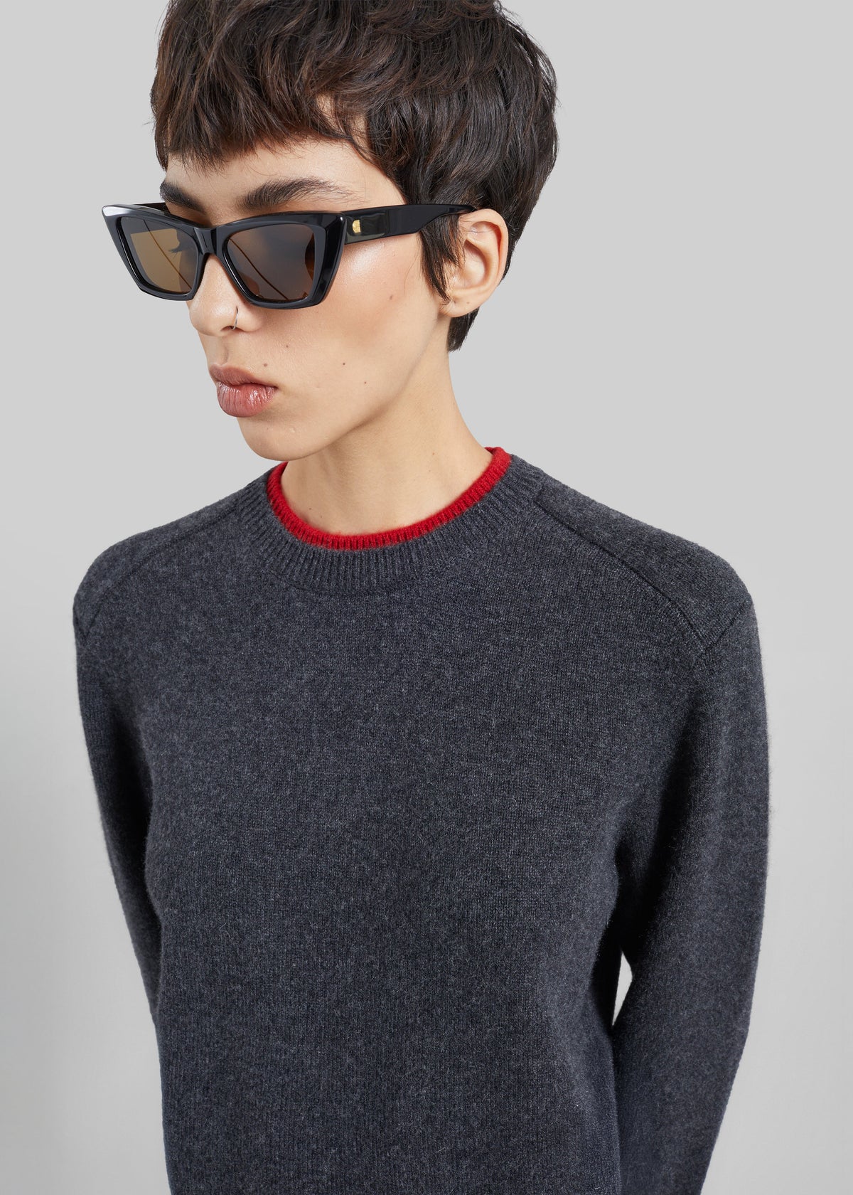 Loulou de Saison Otis Contrast Collar Sweater - Charcoal/Red β view 1 of 7