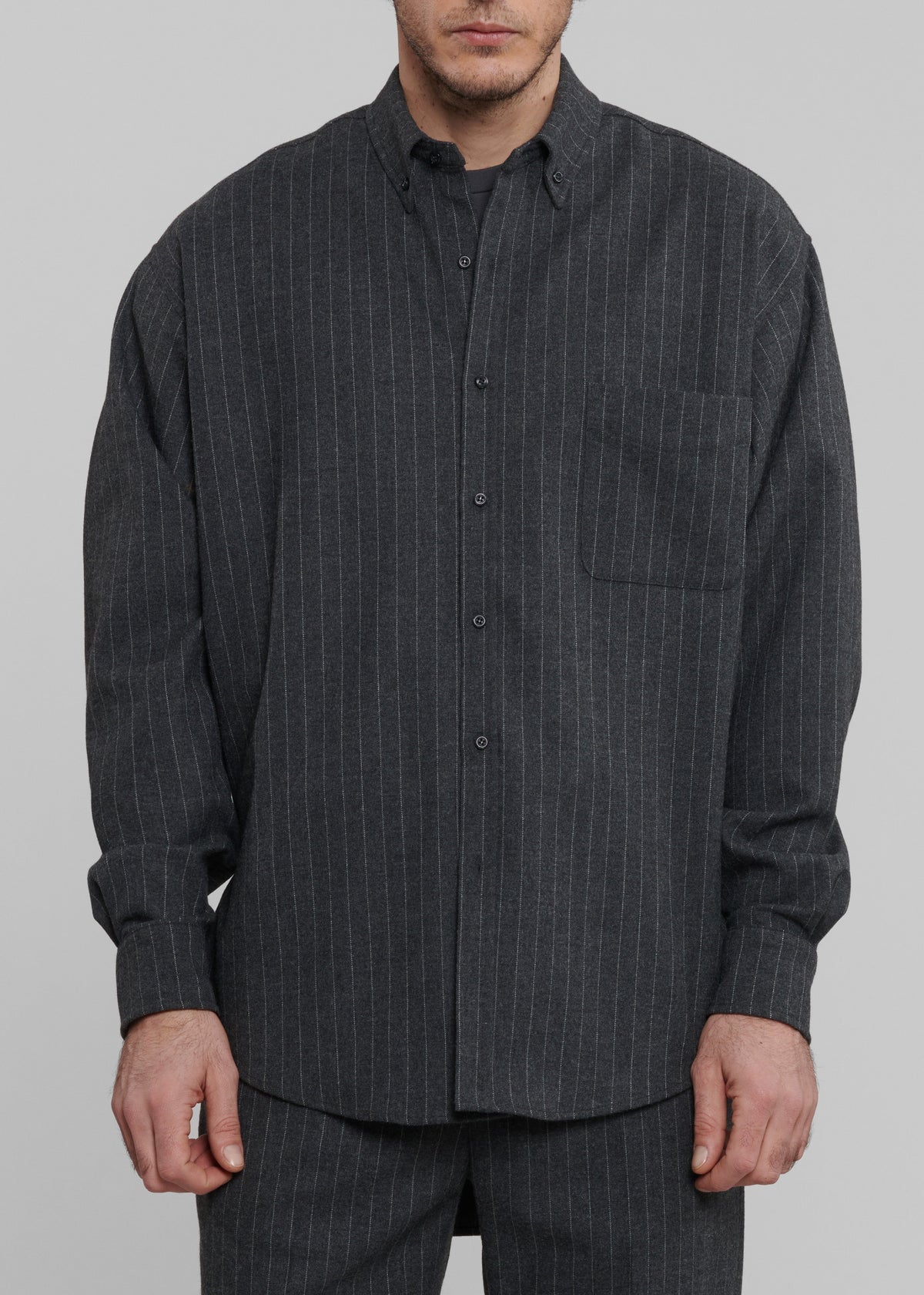 Mason Wool Button Up Shirt - Dark Grey/White Pinstripe β view 3 of 8