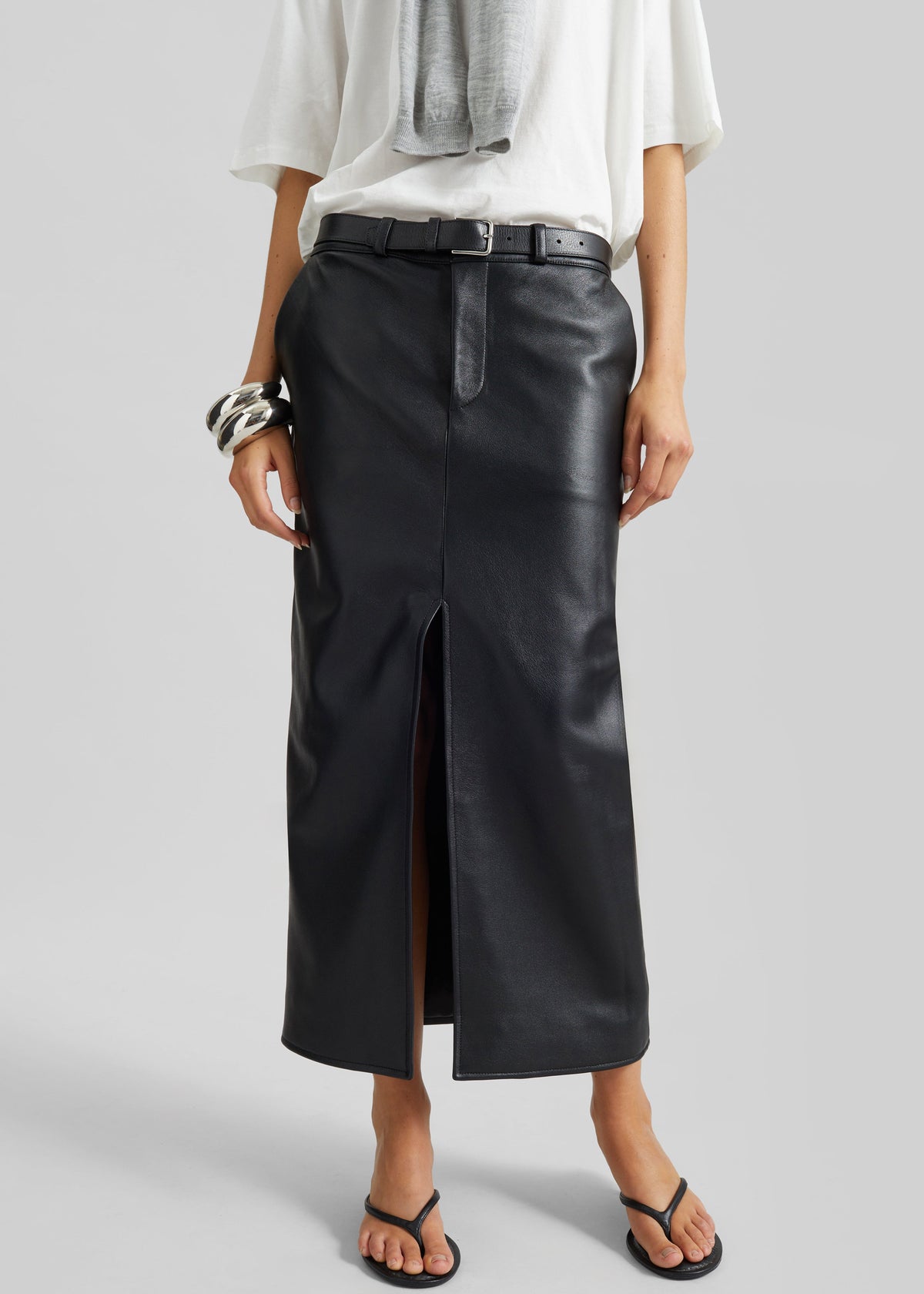 Maybelle Faux Leather Front Slit Pencil Skirt - Black β view 5 of 9