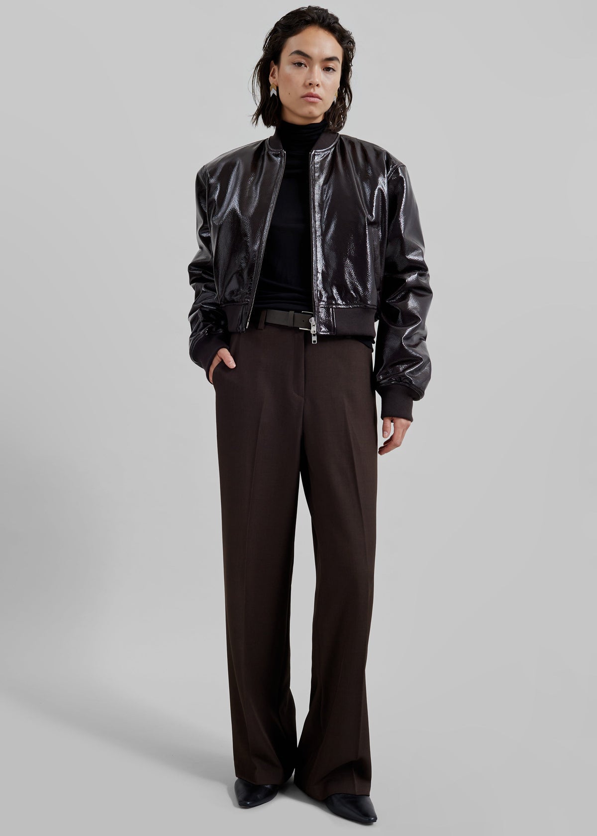 Micky Crackled Faux Leather Cropped Bomber - Dark Brown β view 2 of 7