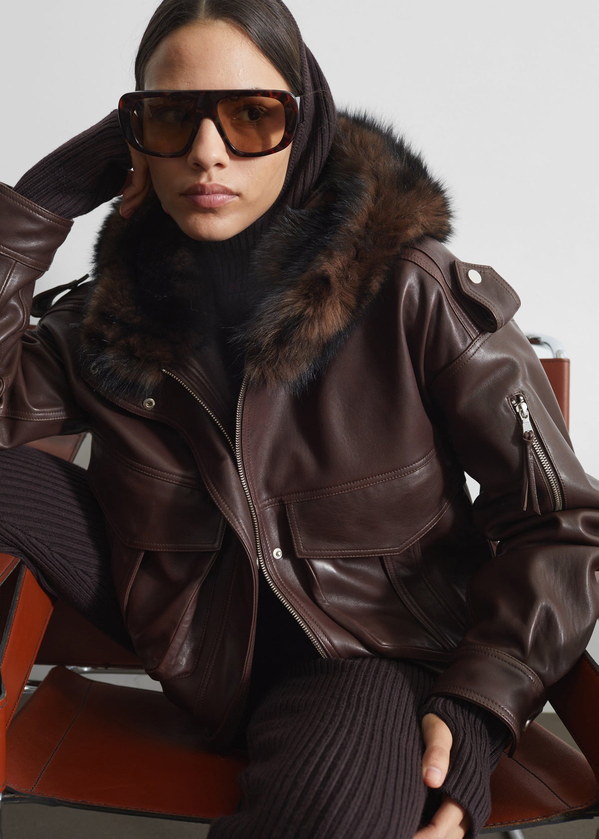 Napa Leather Hooded Jacket - Brown – view 3 of 9