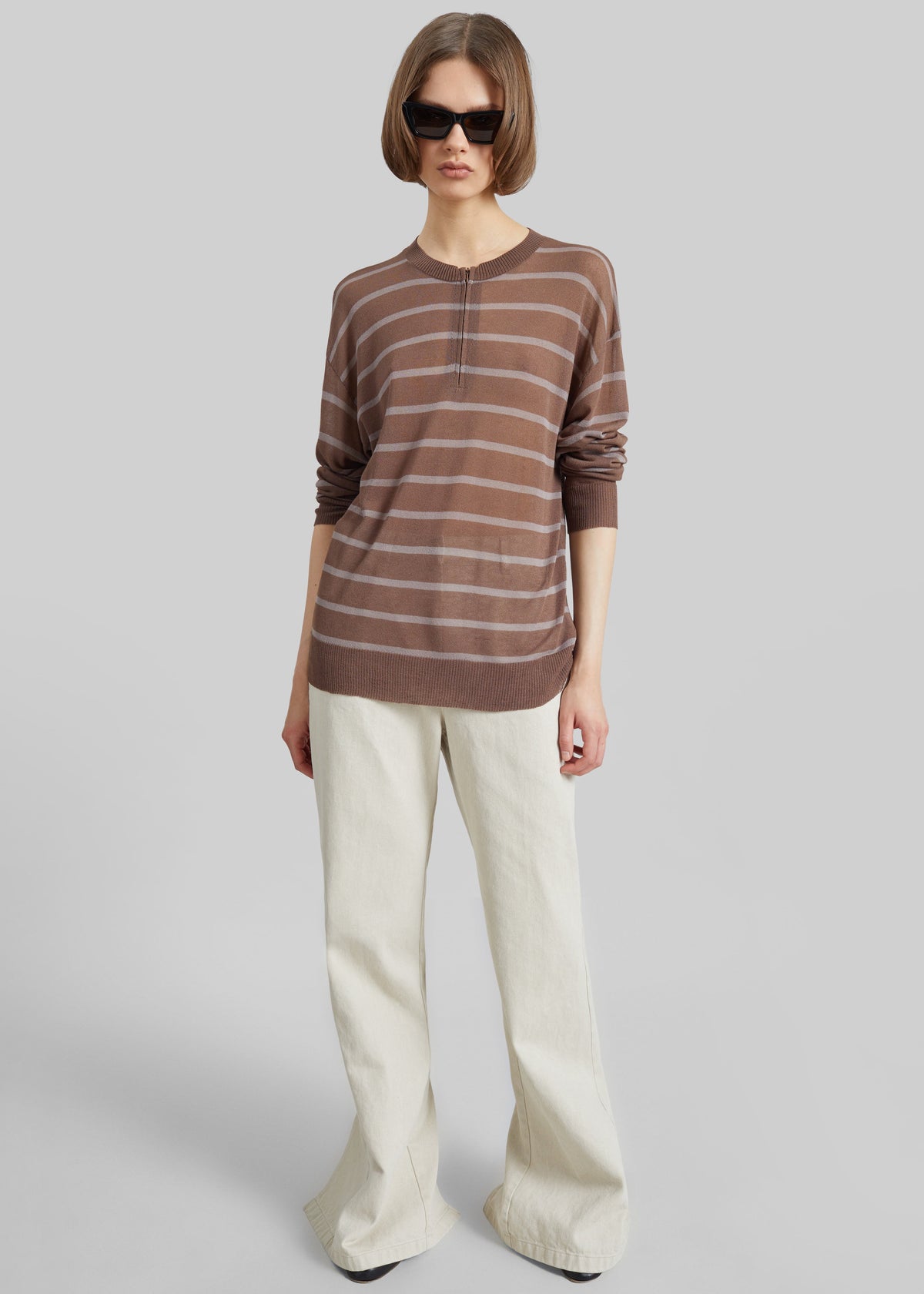 Nelas Knit Sheer Zip Pullover - Brown Stripe β view 4 of 5