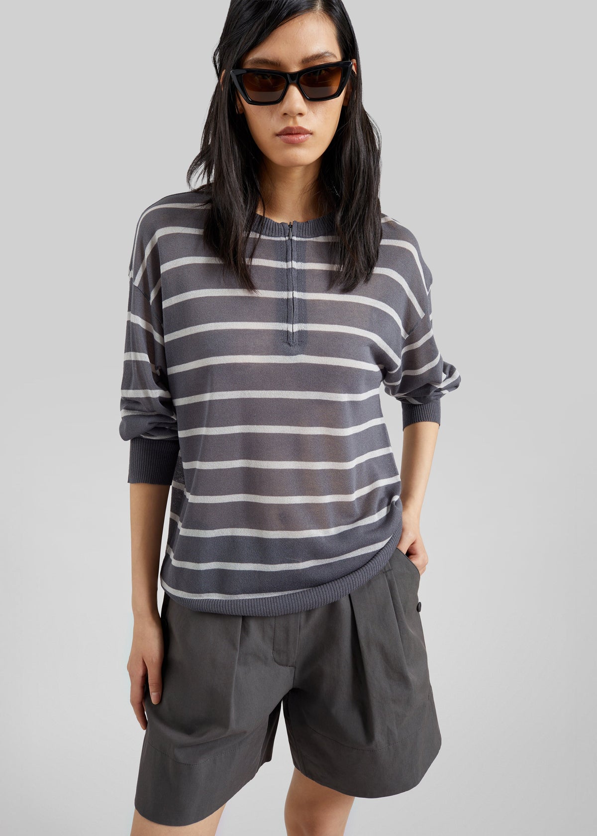 Nelas Knit Sheer Zip Pullover - Grey Stripe β view 3 of 9
