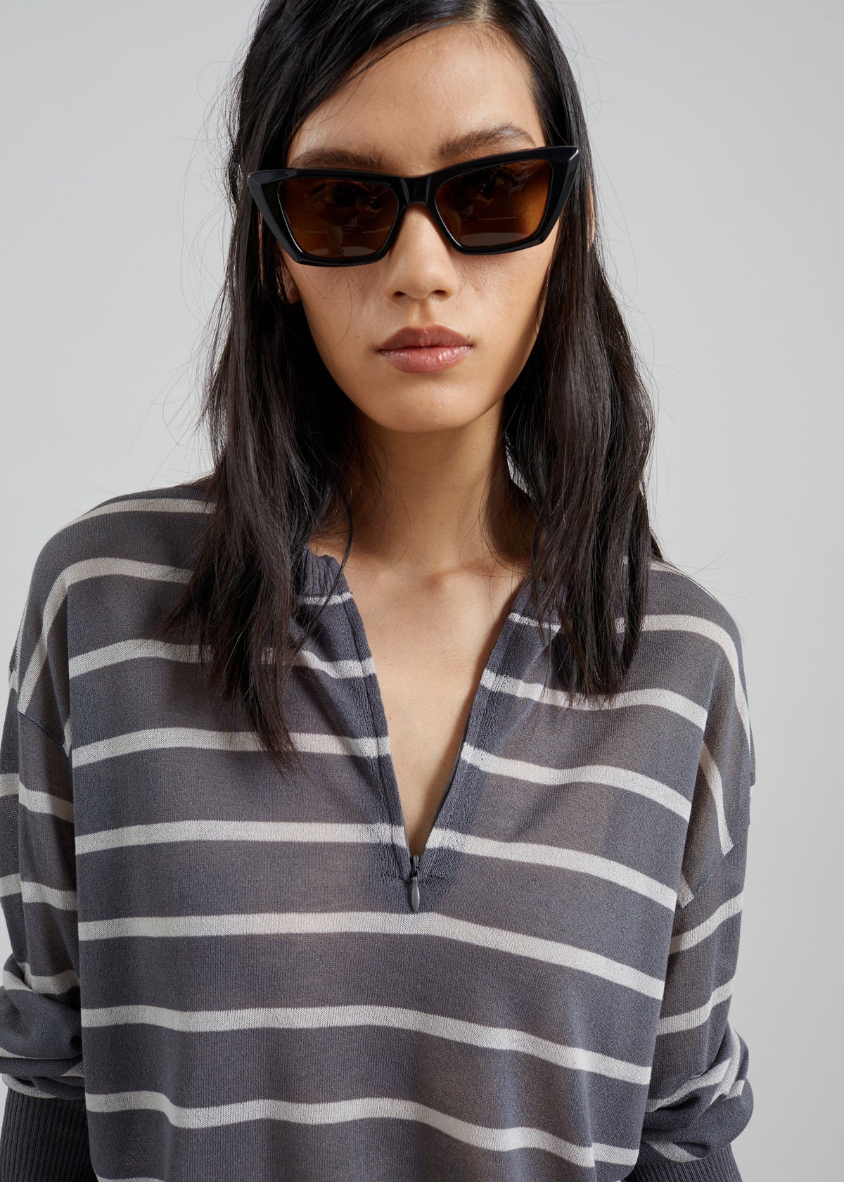 Nelas Knit Sheer Zip Pullover - Grey Stripe β view 2 of 9
