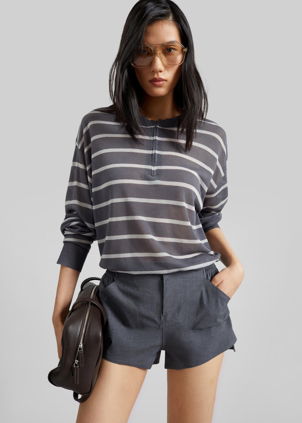 Nelas Knit Sheer Zip Pullover - Grey Stripe β view 5 of 9