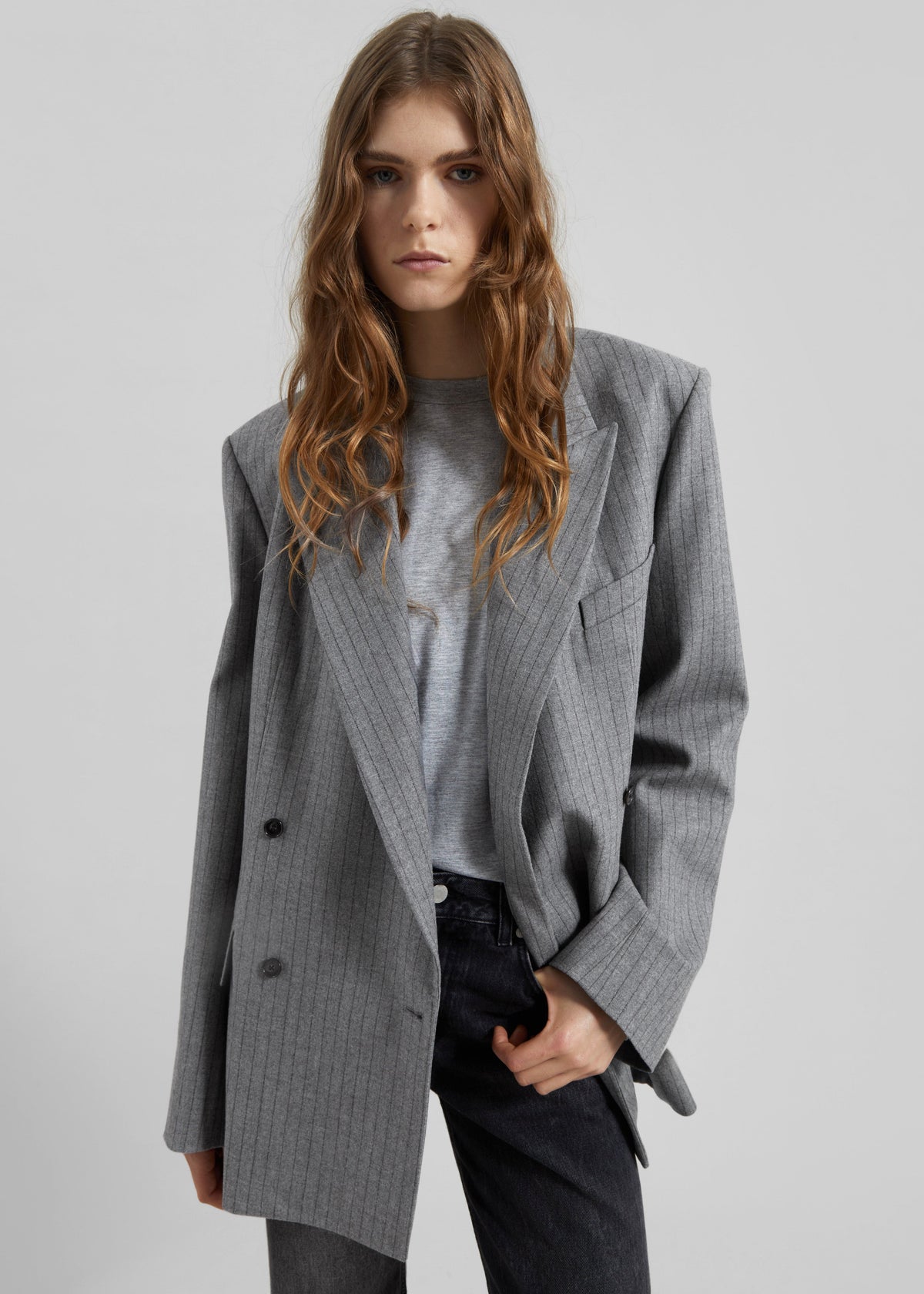 Newark Pinstripe Double Breasted Blazer - Grey/Brown β view 1 of 12