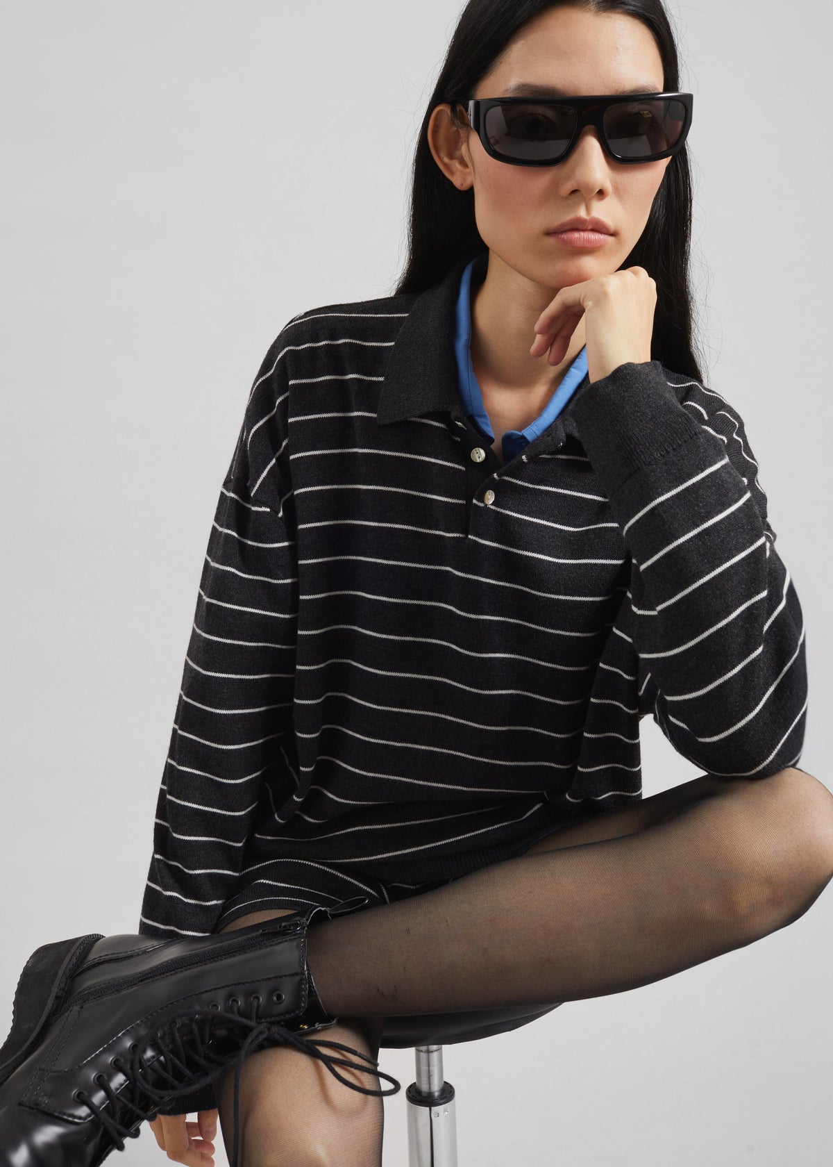 Nolma Knit Polo Sweater - Grey/White Stripe β view 1 of 8