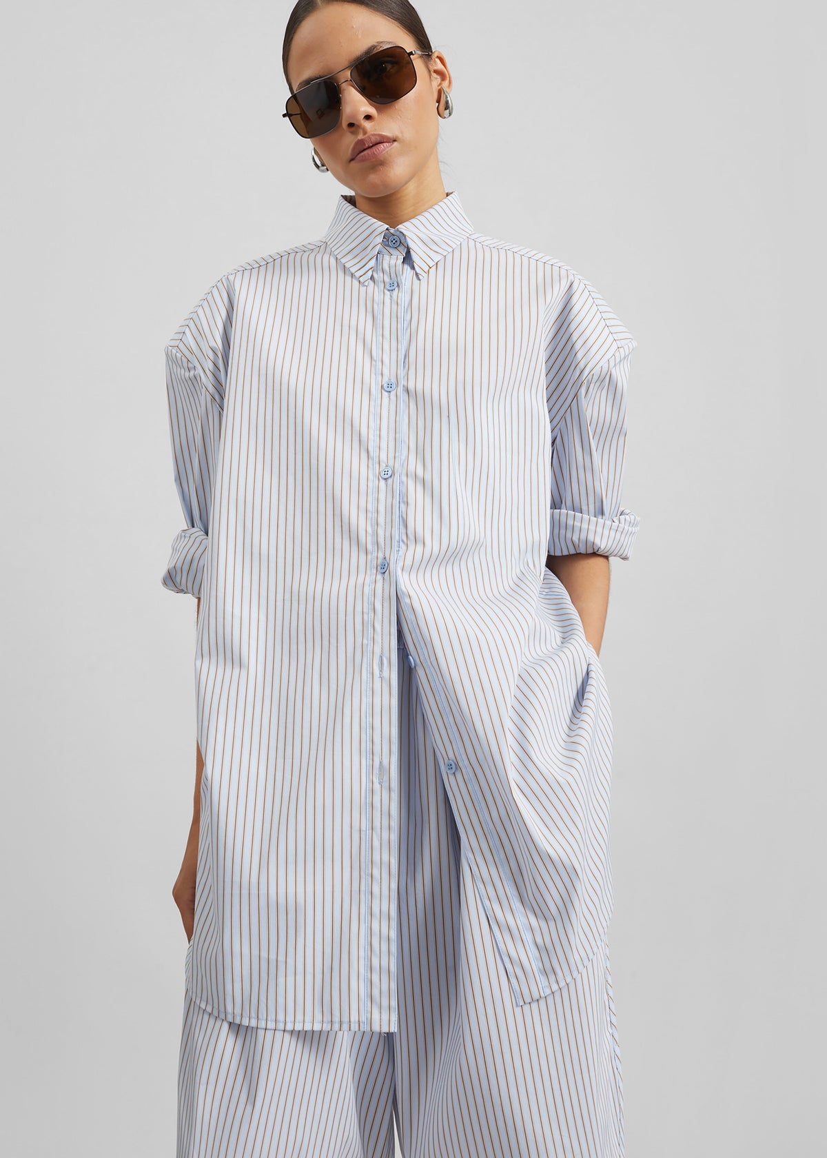Oana Cotton Padded Shirt - Light Blue/Brown Stripe β view 3 of 10