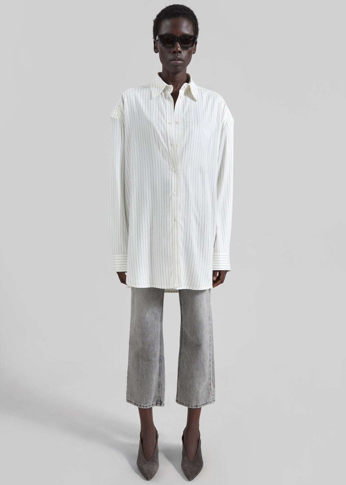 Oana Fluid Button-Up Shirt - White/Black Stripe β view 6 of 9
