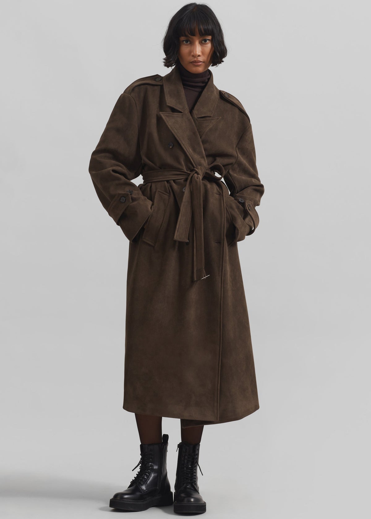 Peoria Faux Suede Trench Coat - Brown β view 2 of 11