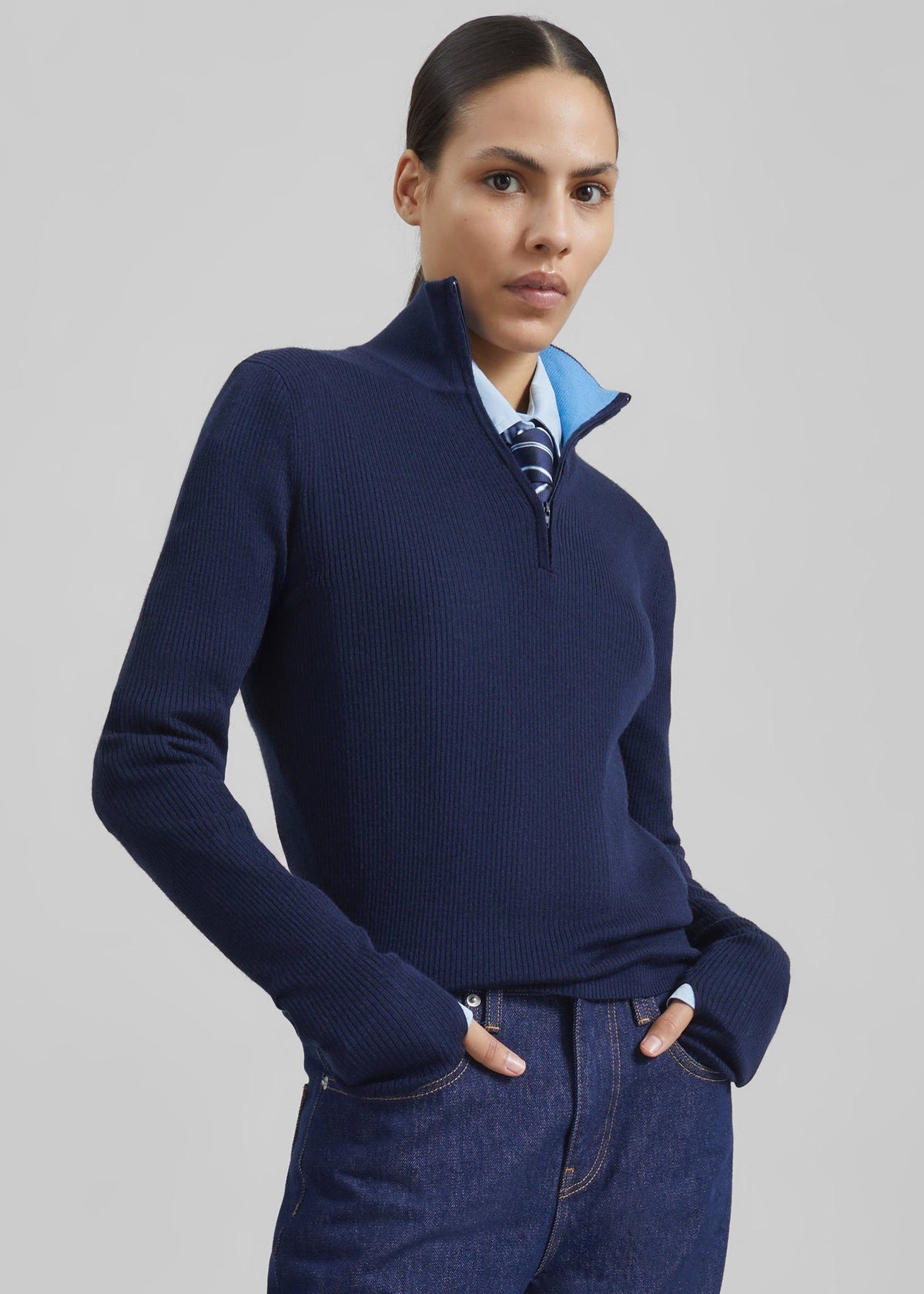 Sade Knit Zip Sweater - Dark Navy/Light Blue β view 4 of 6