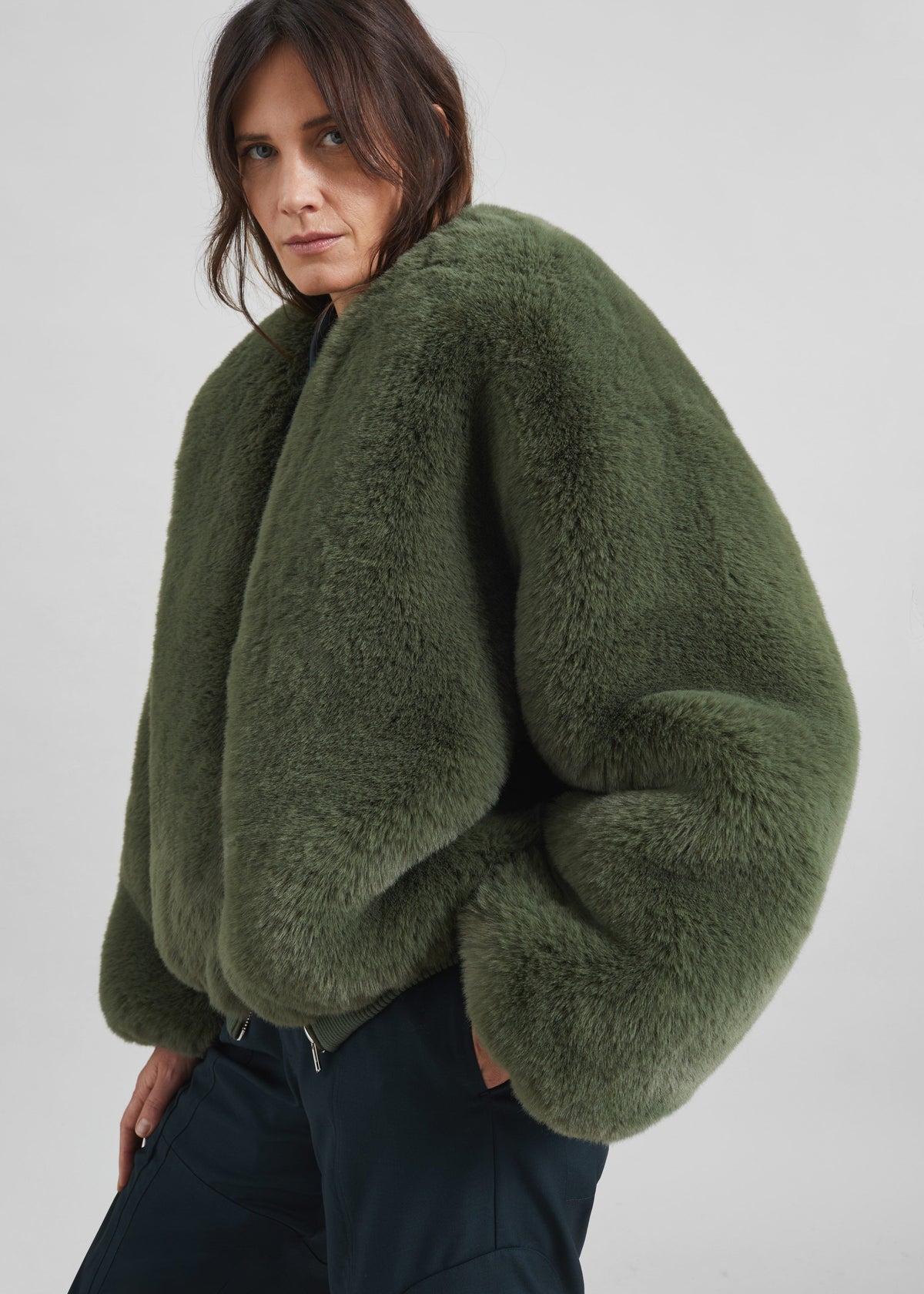 Senna Faux Fur Collarless Jacket - Moss Green β view 5 of 7
