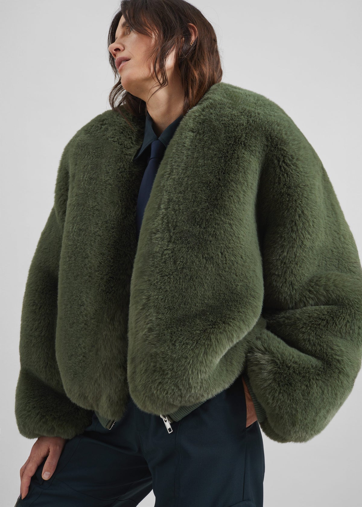 Senna Faux Fur Collarless Jacket - Moss Green β view 3 of 7