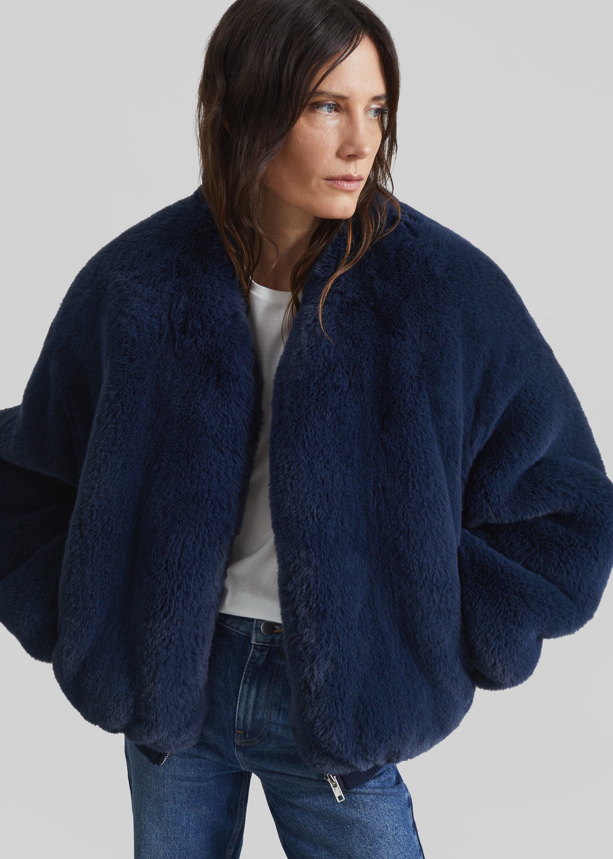 Senna Faux Fur Collarless Jacket - Navy β view 3 of 8
